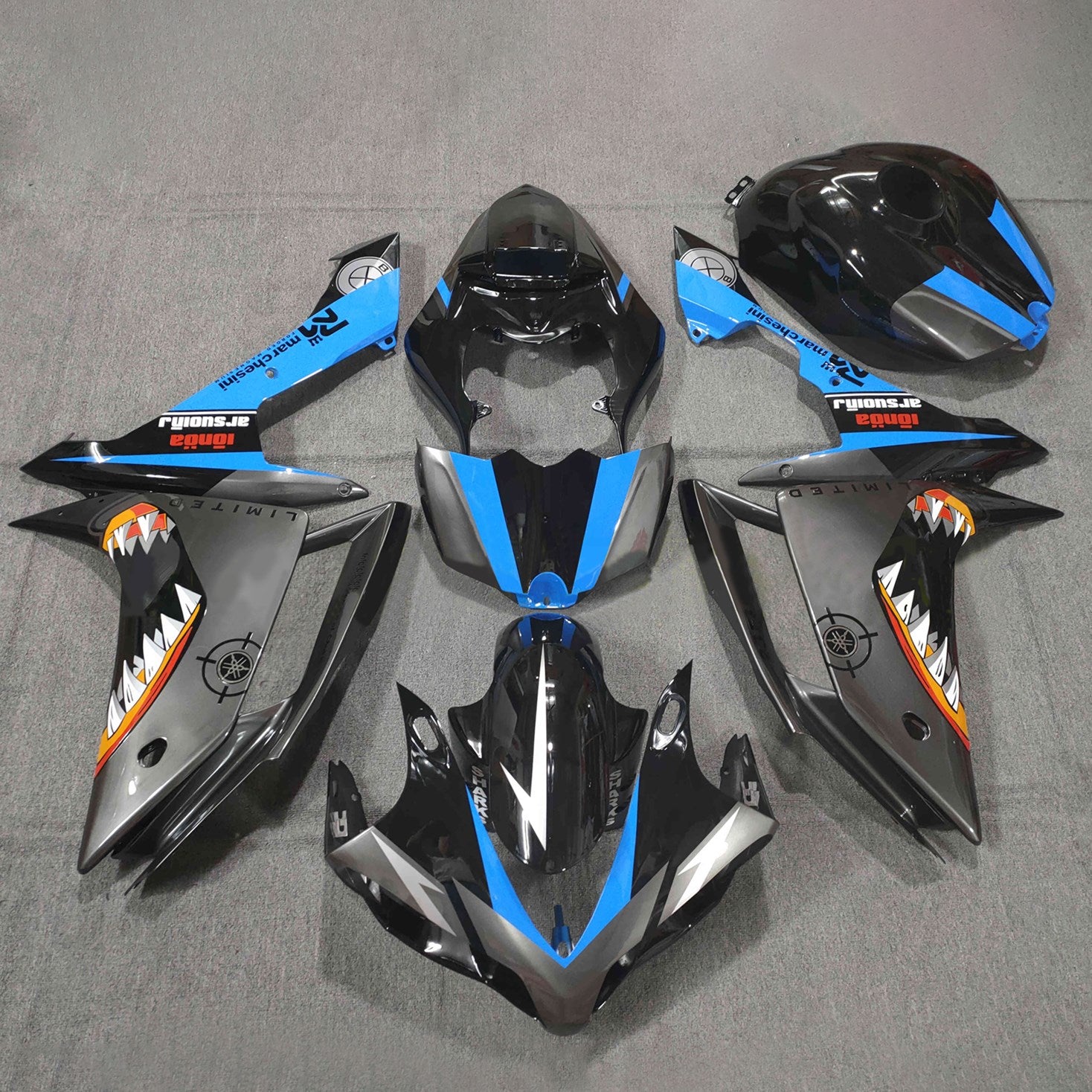 Amotopart 2007-2008 ヤマハ YZF 1000 R1 マットブラック&ブルーシャークティースフェアリングキット