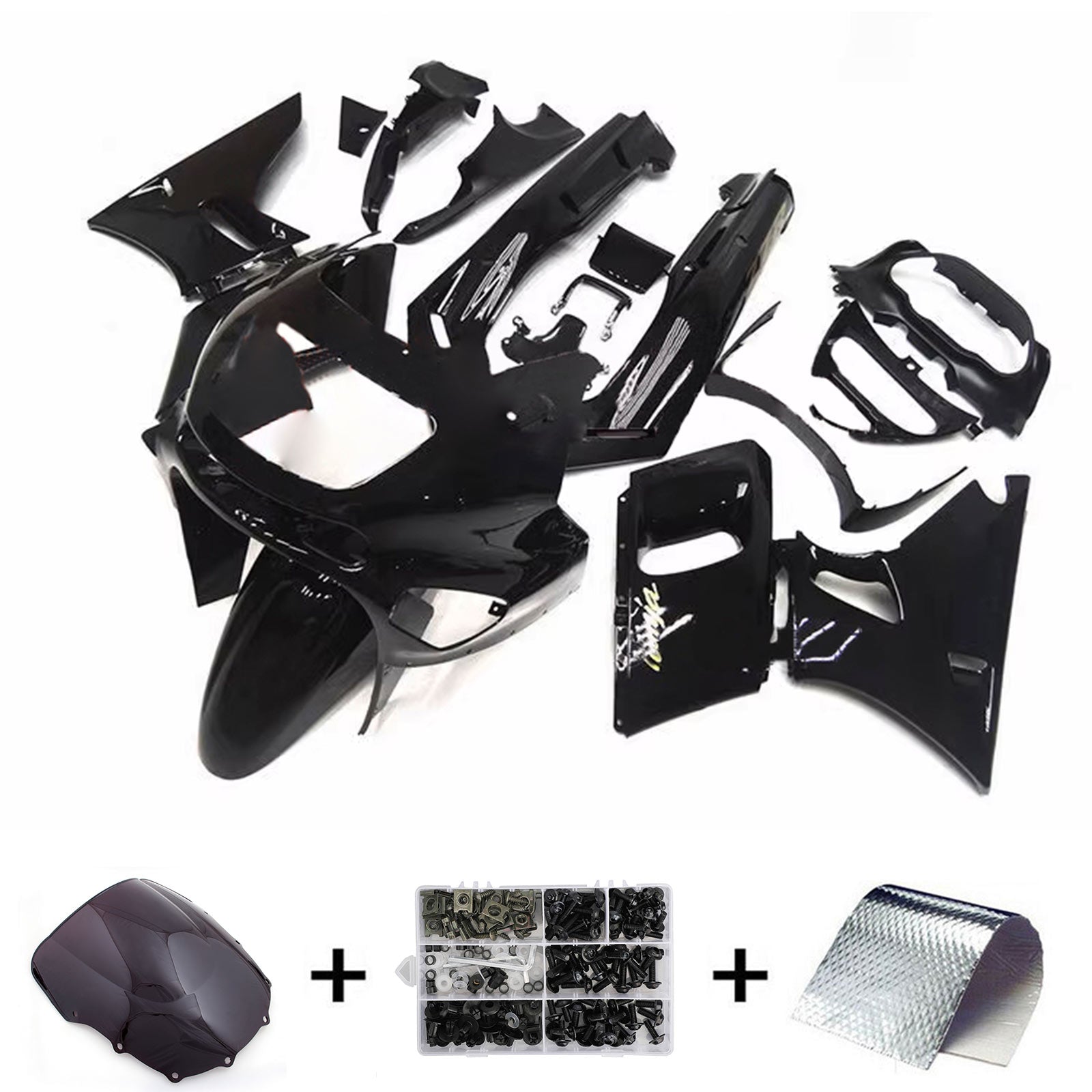 Amotopart ZZR400 1993-2007 ZZR600 1998-2003 Kawasaki Gloss Black with Logo Fairing Kit