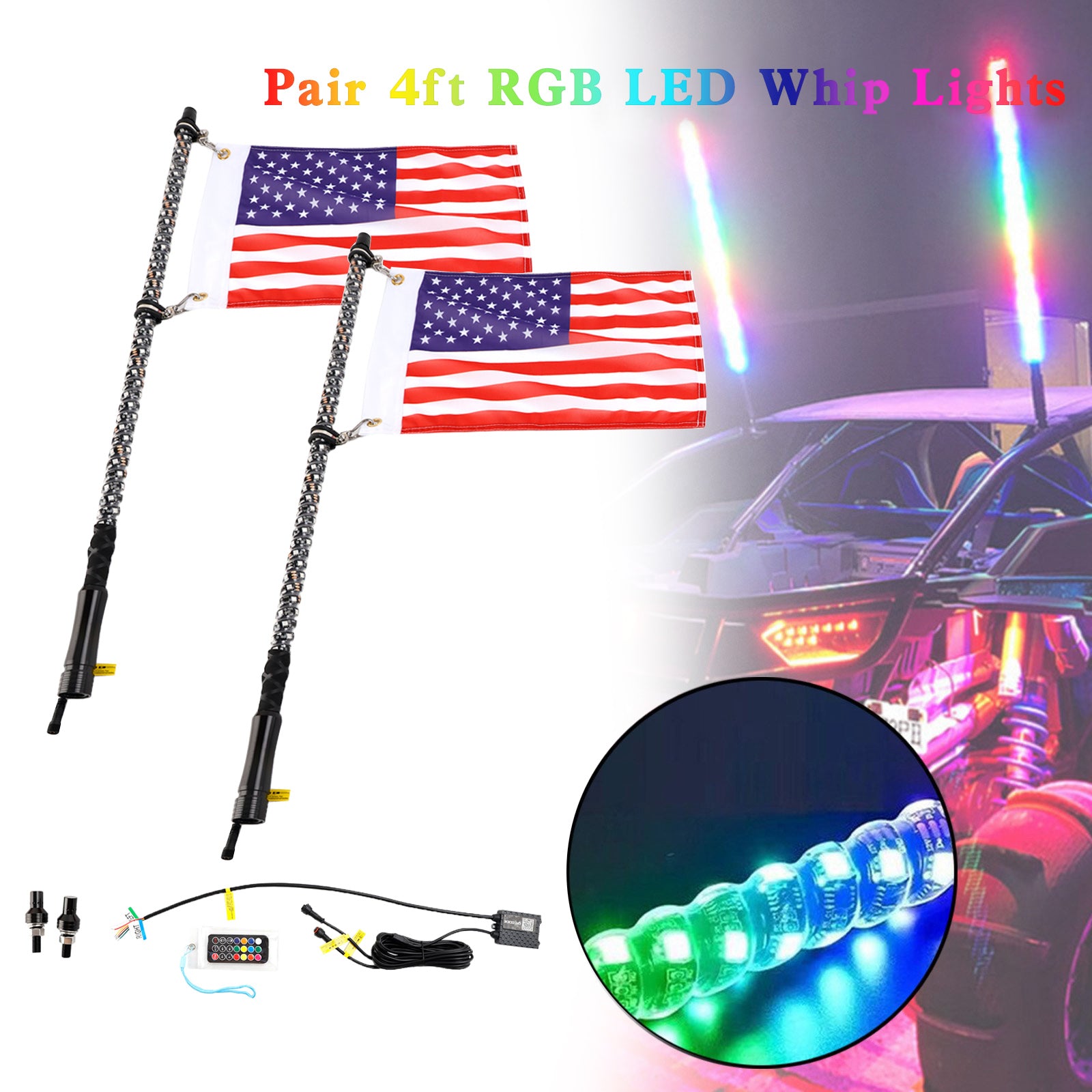 2X 4フィート RGB LED アプリ ホイップライトアンテナ ポラリス UTV ATV 用フラグリモコン付き