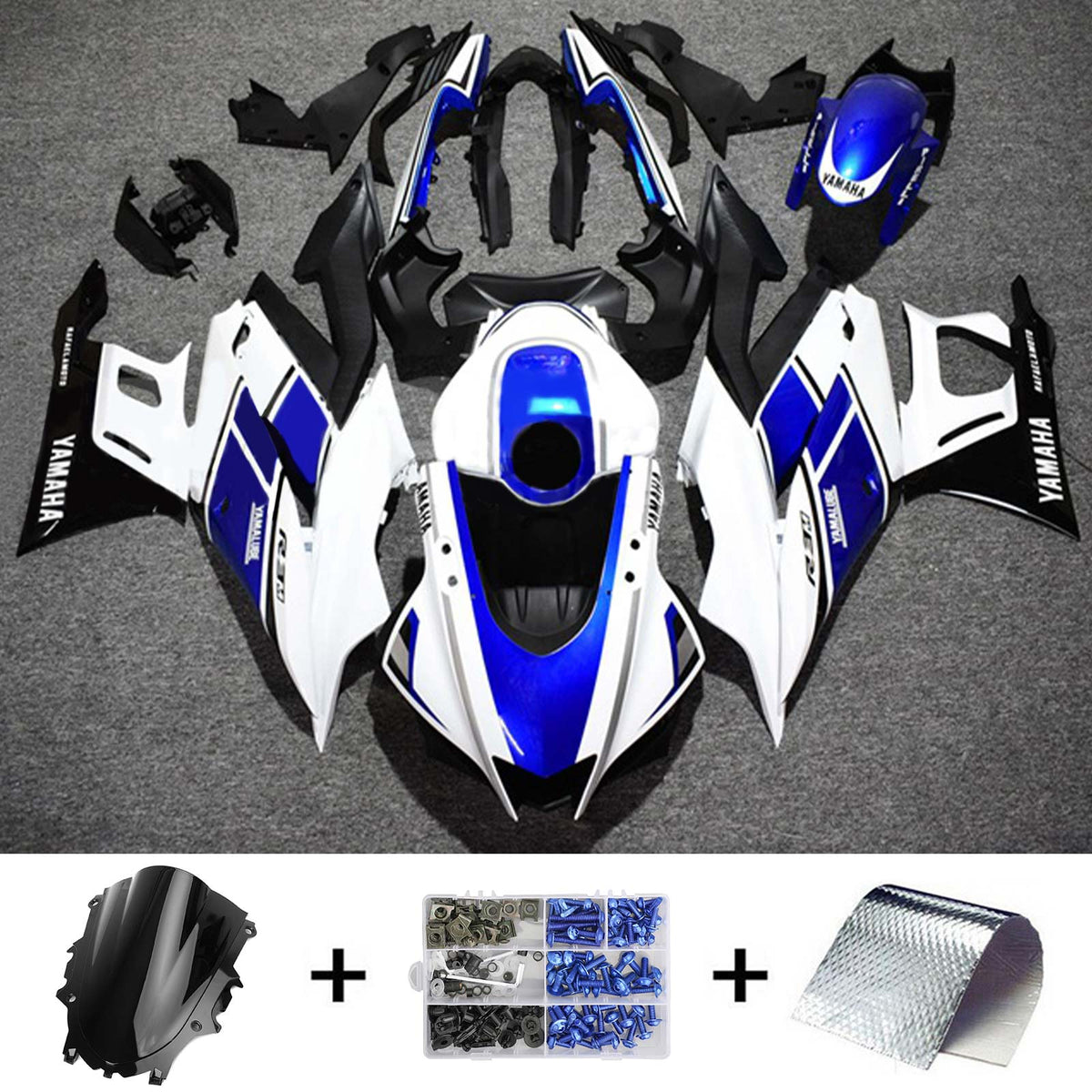Amotopart 2022-2023 Kit carena Yamaha YZF-R3 R25 Bianco e Blu Style3