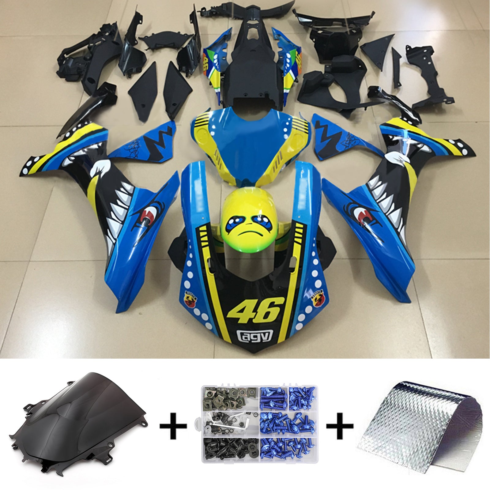 Amotopart Yamaha YZF 1000 R1 2015–2019 Verkleidungsset mit Haifischzähnen in Gelb und Blau