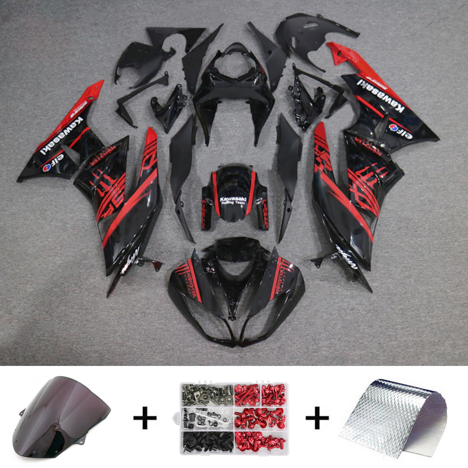 Amotopart Kawasaki 2009-2012 ZX6R 636 Kit de carénage rouge et noir