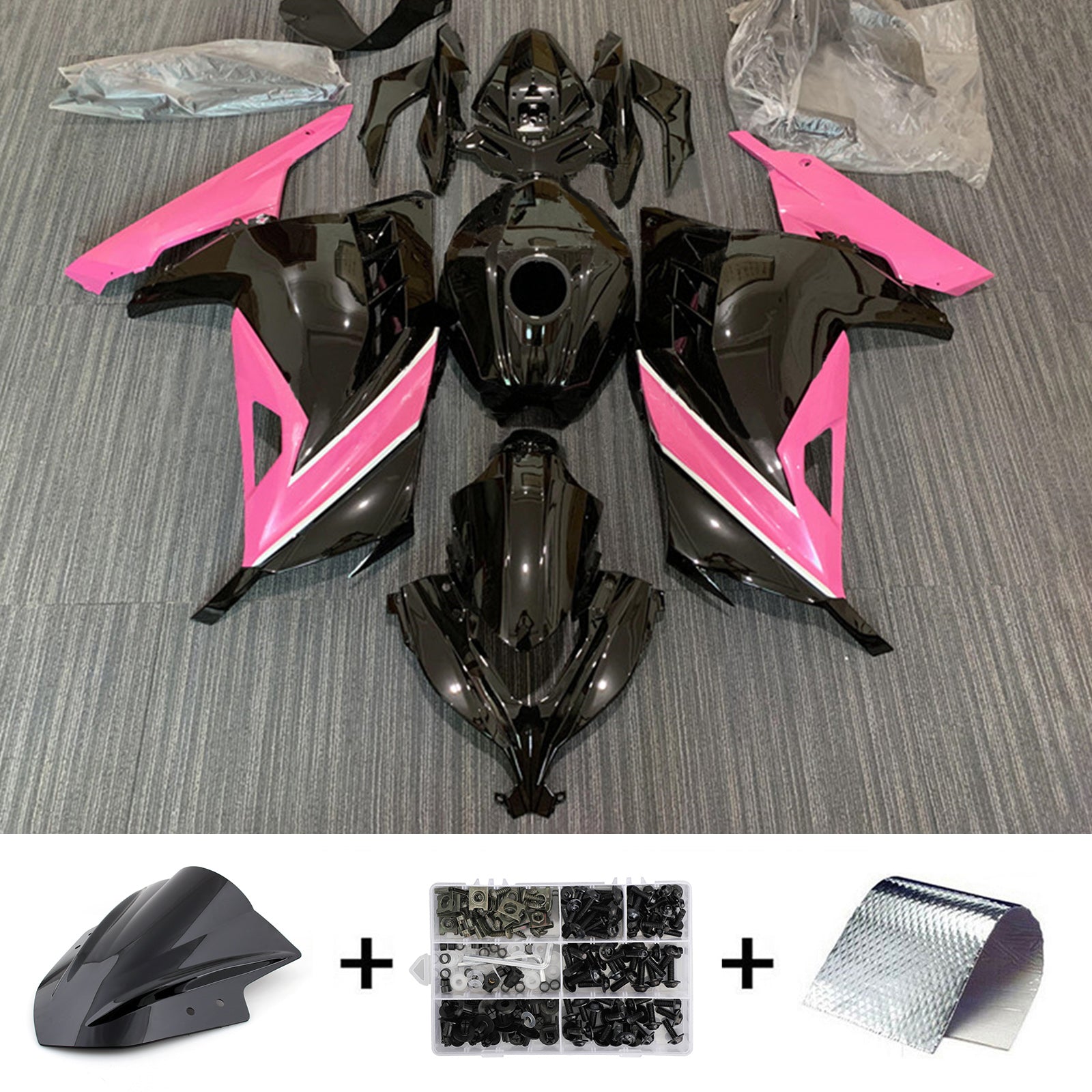 Amotopart 2013-2024 Kawasaki EX300/Ninja 300 Kit de carénage noir et rose