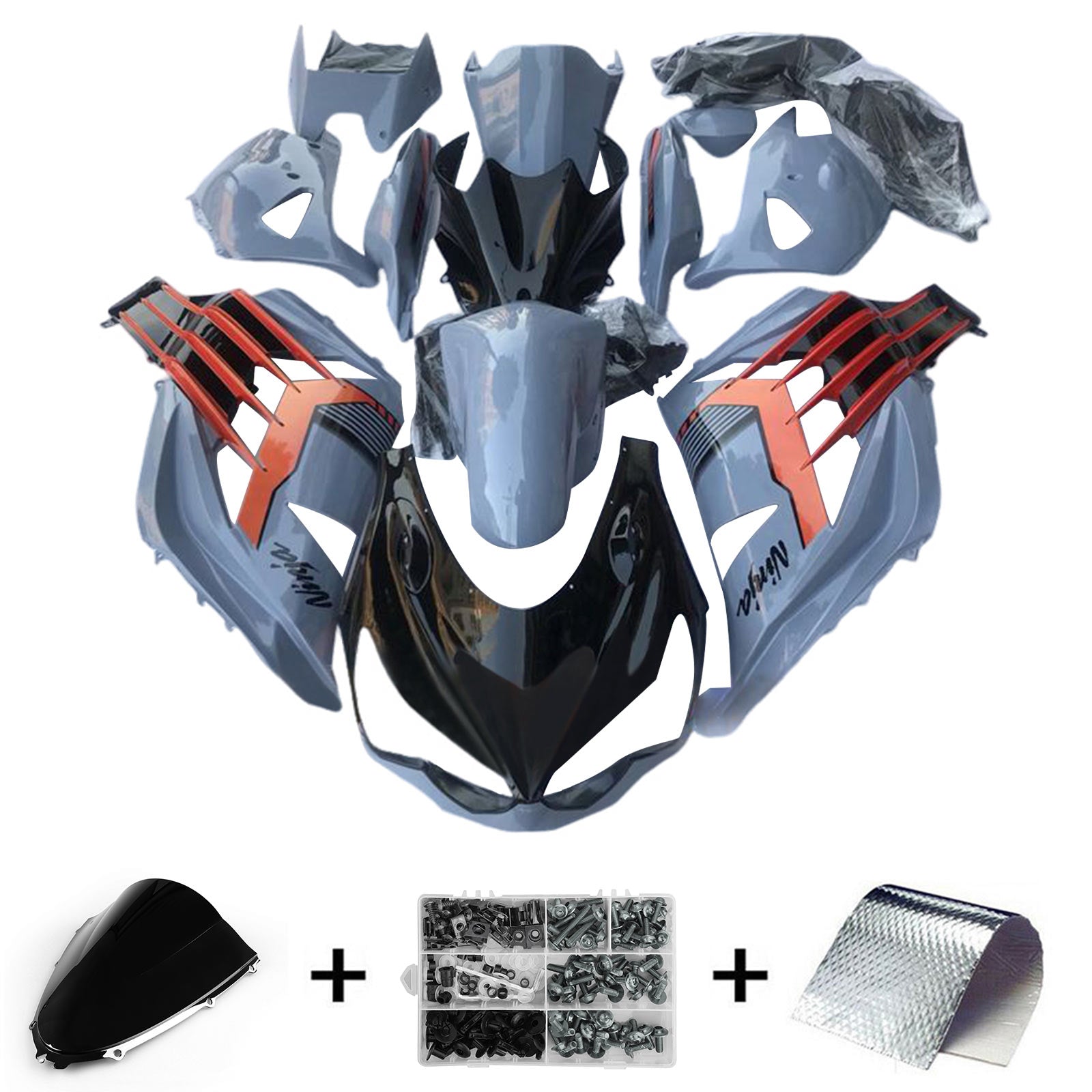 Amotopart 2012-2022 Kawasaki ZX14R ZZR1400 Kit de carénage gris brillant noir et orange