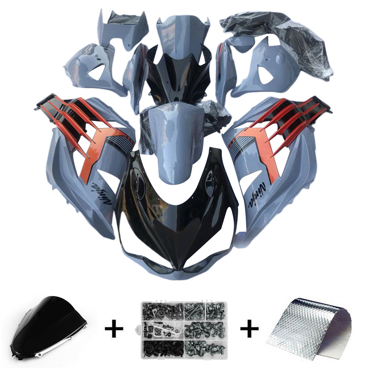 Amotopart 2012-2022 Kawasaki ZX14R ZZR1400 Kit de carenado gris negro y naranja brillante