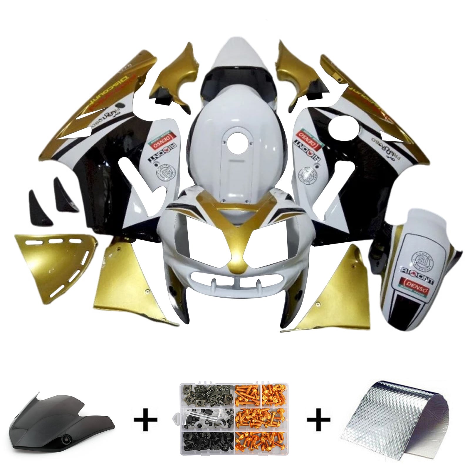 Amotopart 2002–2005 Kawasaki ZX12R Weiß Schwarz Gold Verkleidungsset