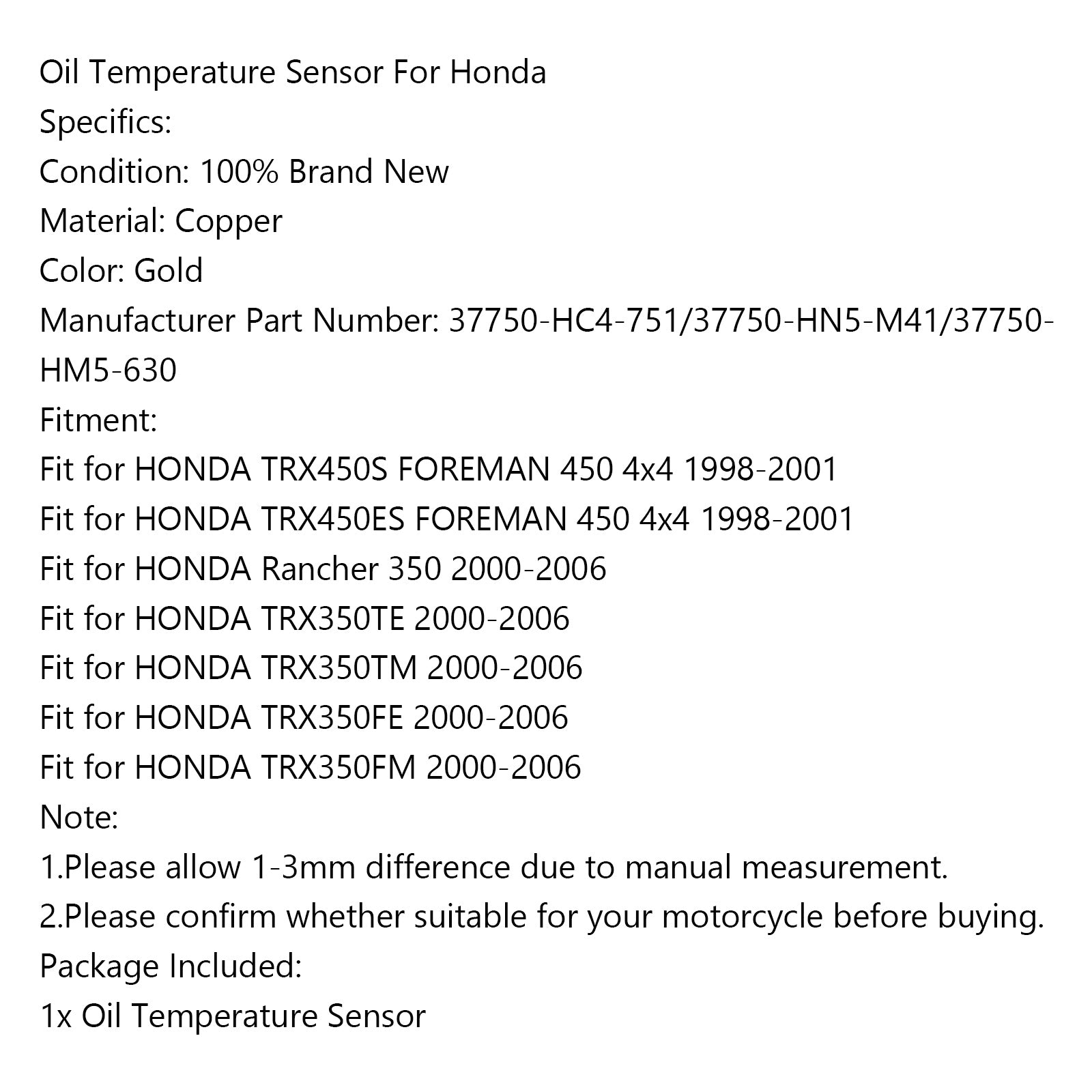 Sensore temperatura olio 37750-HC4-751 per Honda TRX450S TRX450ES Rancher 350
