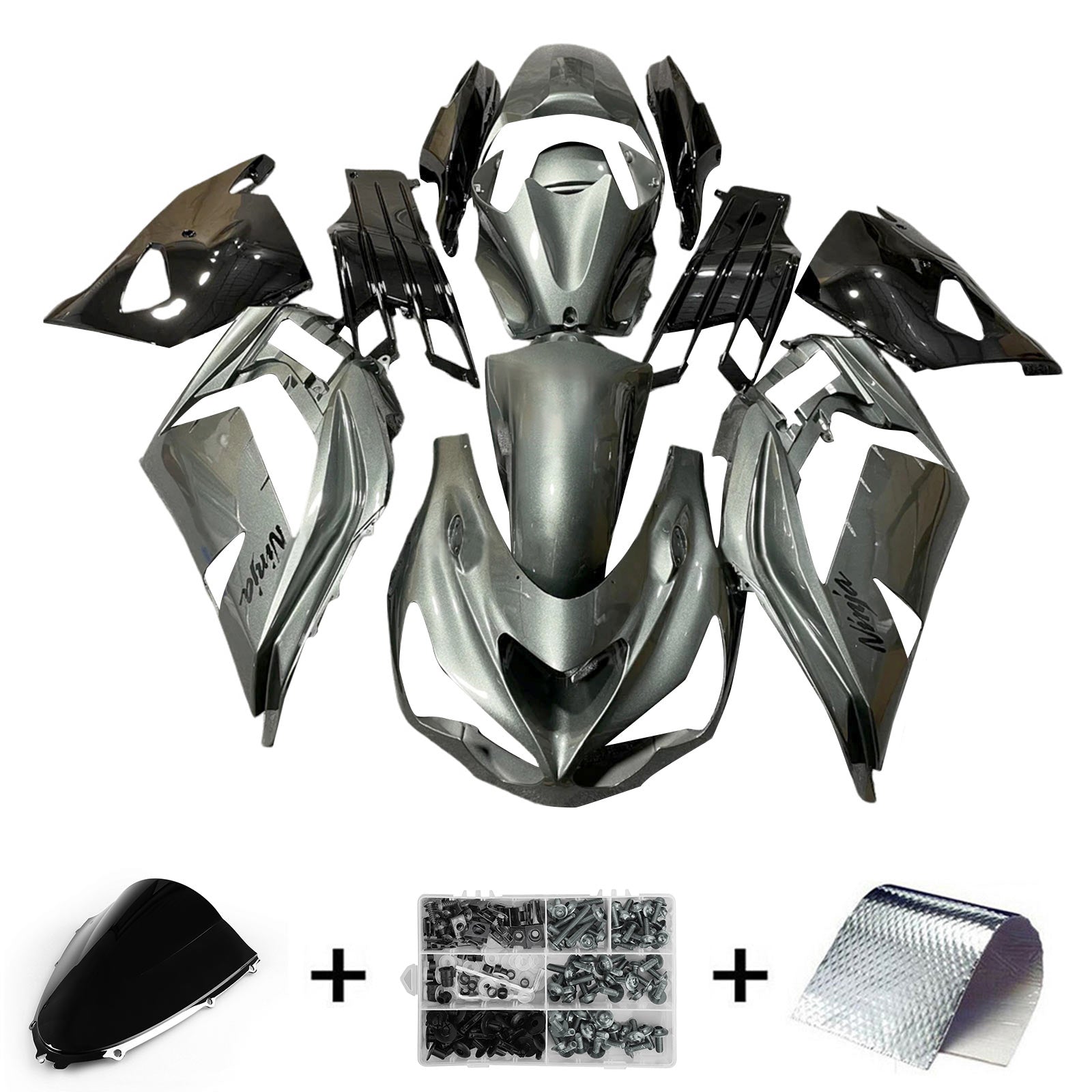 Amotopart 2012-2022 Kawasaki ZX14R ZZR1400 Kit carena grigio argento e nero