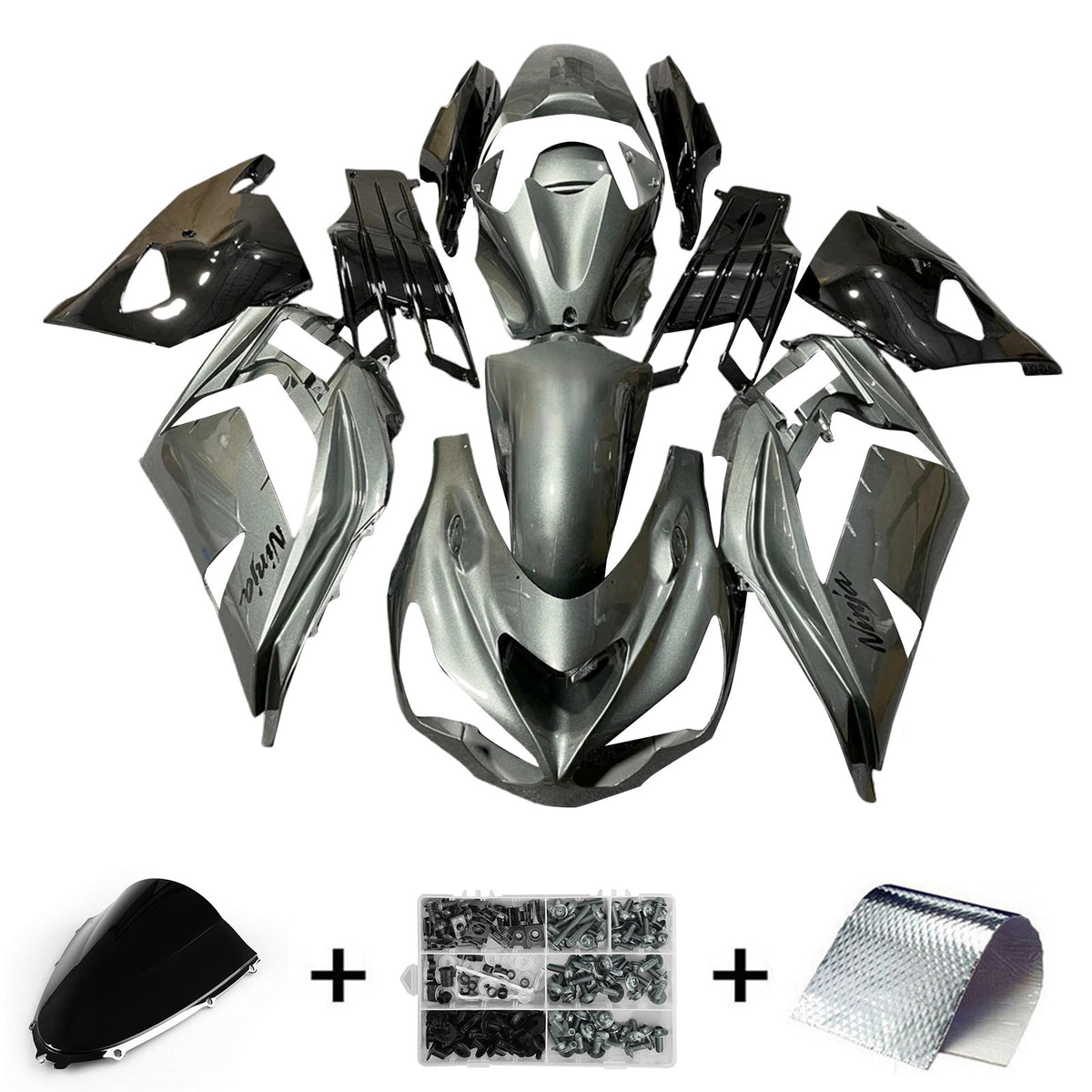 Amotopart 2012-2022 Kawasaki ZX14R ZZR1400 Silver Grey & Black Fairing Kit