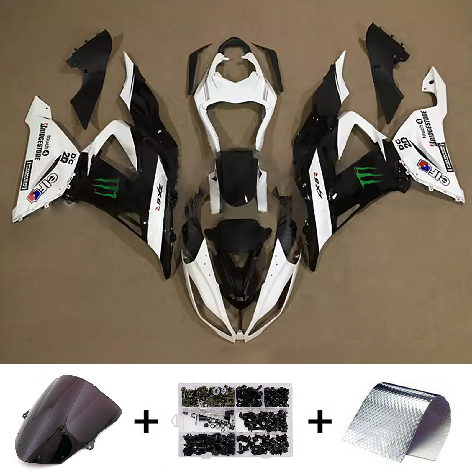 Amotopart 2013-2018 Kawasaki ZX6R 636 Black White Green Fairing Kit