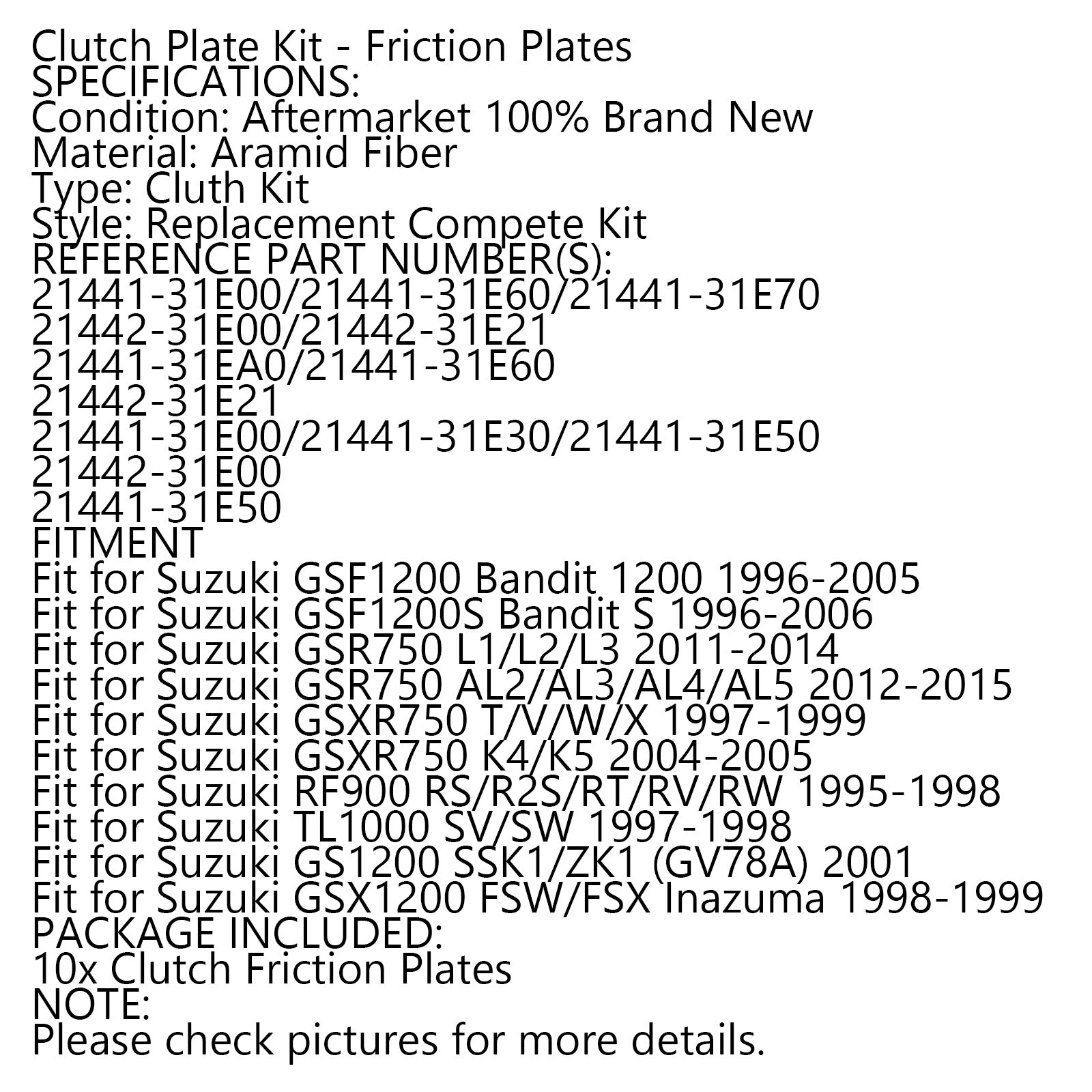 Suzuki GSR750 GSXR750 GSF1200 GS1200 Clutch Friction Plate Kit Set