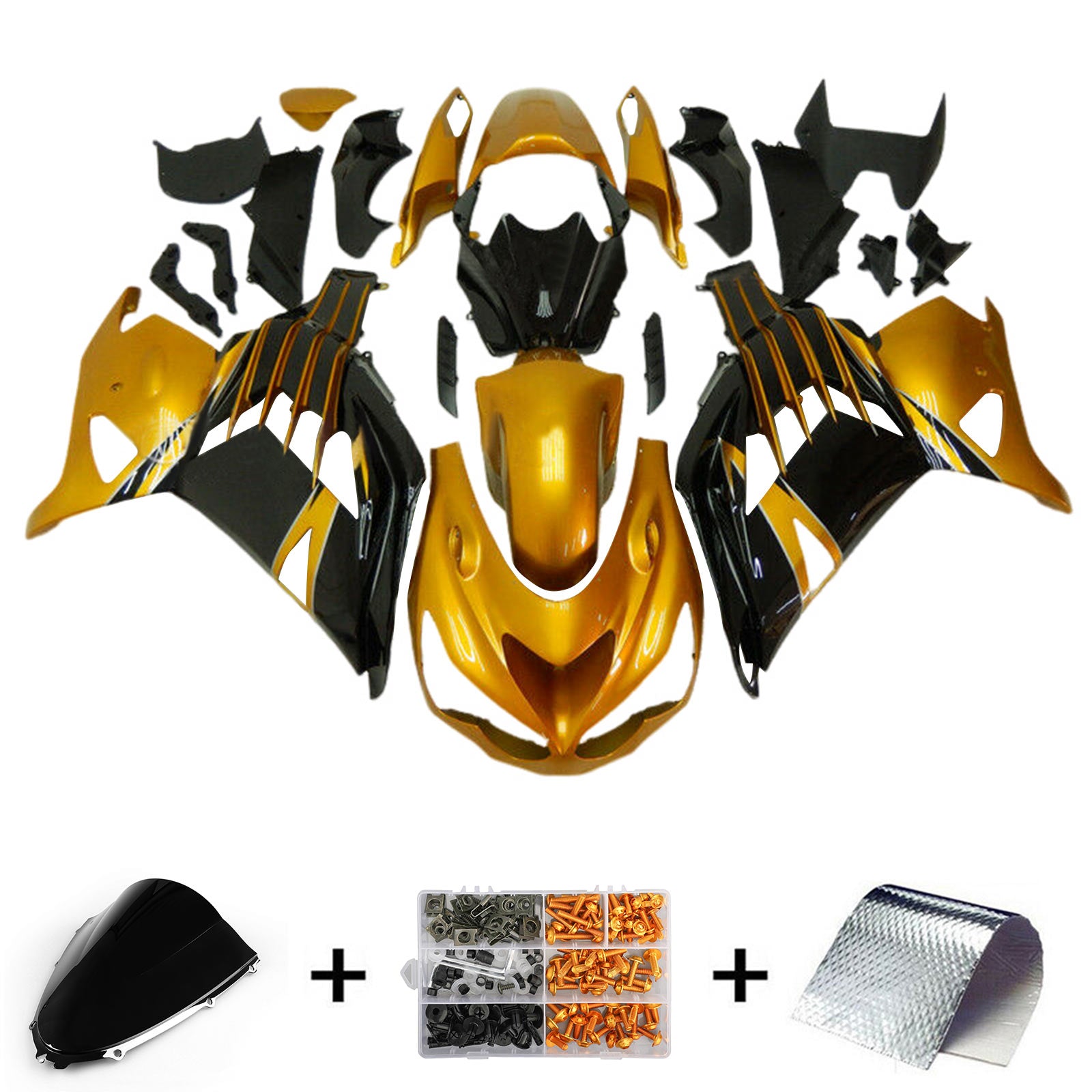 Amotopart 2012-2022 Kawasaki ZX14R ZZR1400 Kit de carenado de oro amarillo negro brillante