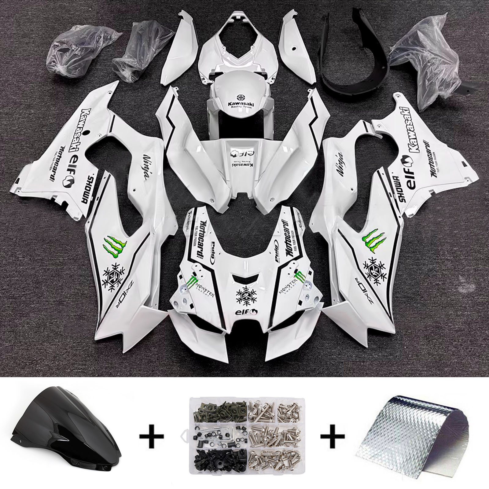 Amotopart 2021-2025 Kawasaki ZX-10R/ZX-10RR White with Black Stripe Fairing Kit