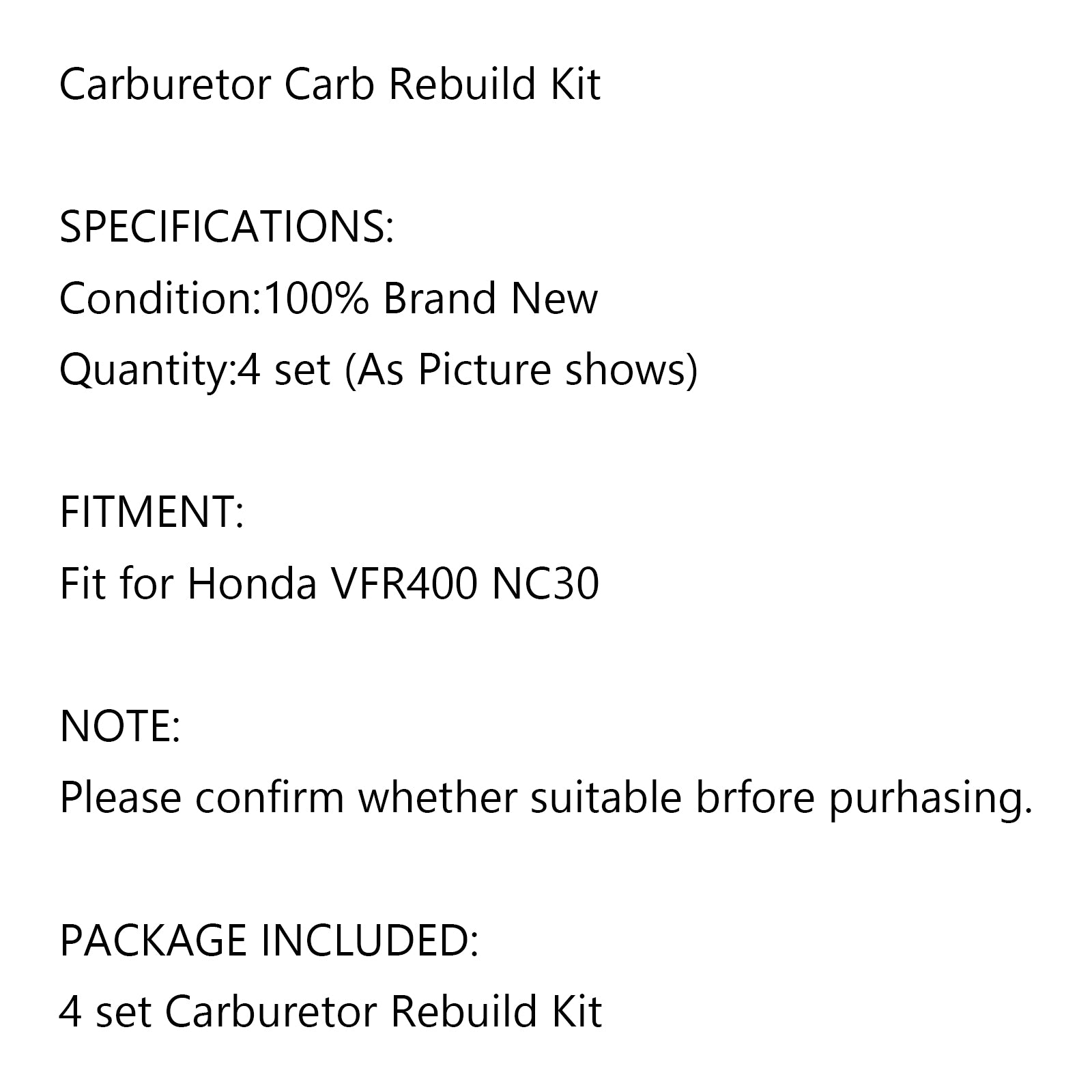 Kit de reparación de carburador 4X piezas de reconstrucción aptas para Honda VFR400 VFR400R NC30