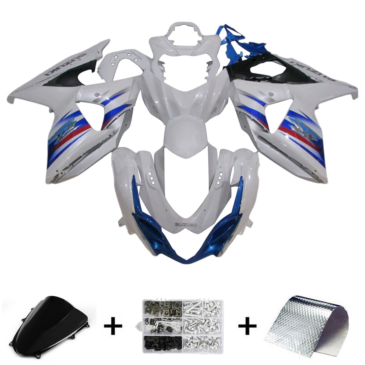 Amotopart 2009-2016 K9 GSXR1000 Suzuki Kit de carénage blanc et bleu Style1