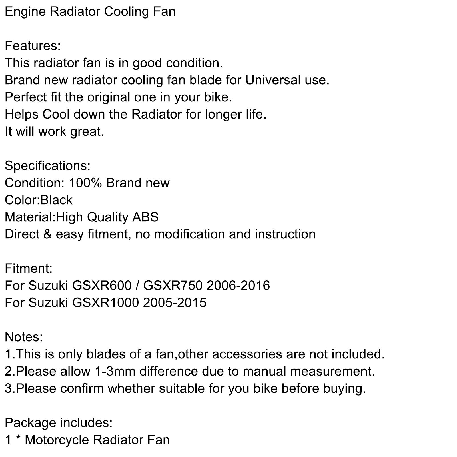 Motorkühler-Lüfterblatt für Suzuki GSXR1000 GSXR600 GSXR750 06-16