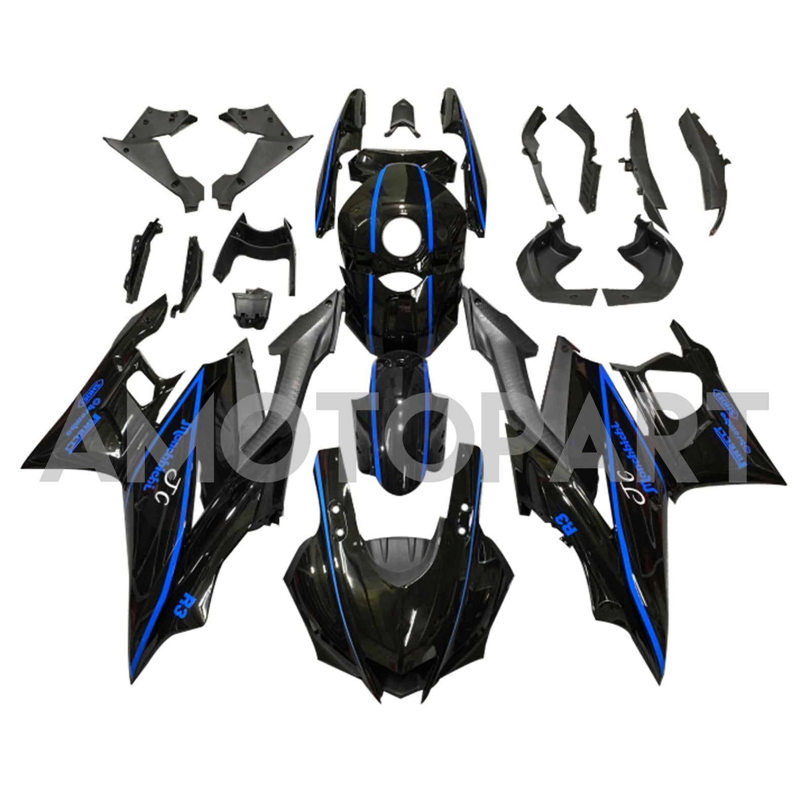 Amotopart 2022-2024 Yamaha YZF-R3 R25 Blackn with Blue Stripe Fairing Kit