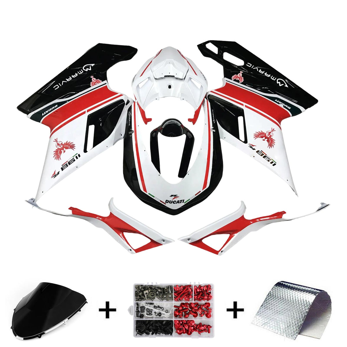 Amotopart Todos los años Ducati 1098 1198 848 Kit de carenado Style8 rojo y blanco