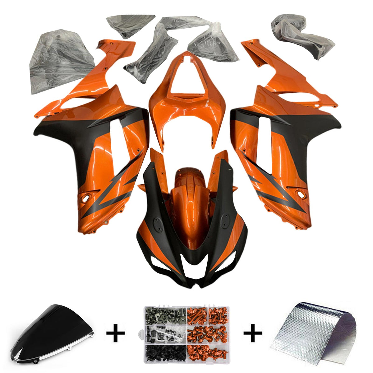 Amotopart 2007-2008 Kawasaki ZX6R 636 Kit de carénage noir et orange