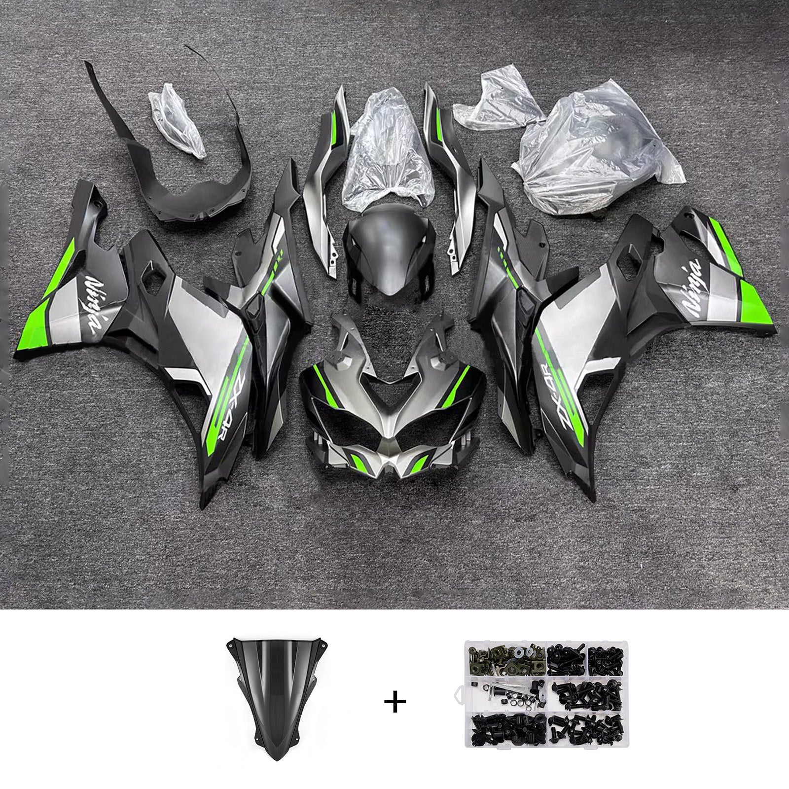Amotopart 2019-2022 Kawasaki Ninja ZX-25R 2023-2025 Kawasaki Ninja ZX-4R/ZX-4RR Black Grey Green Fairing Kit