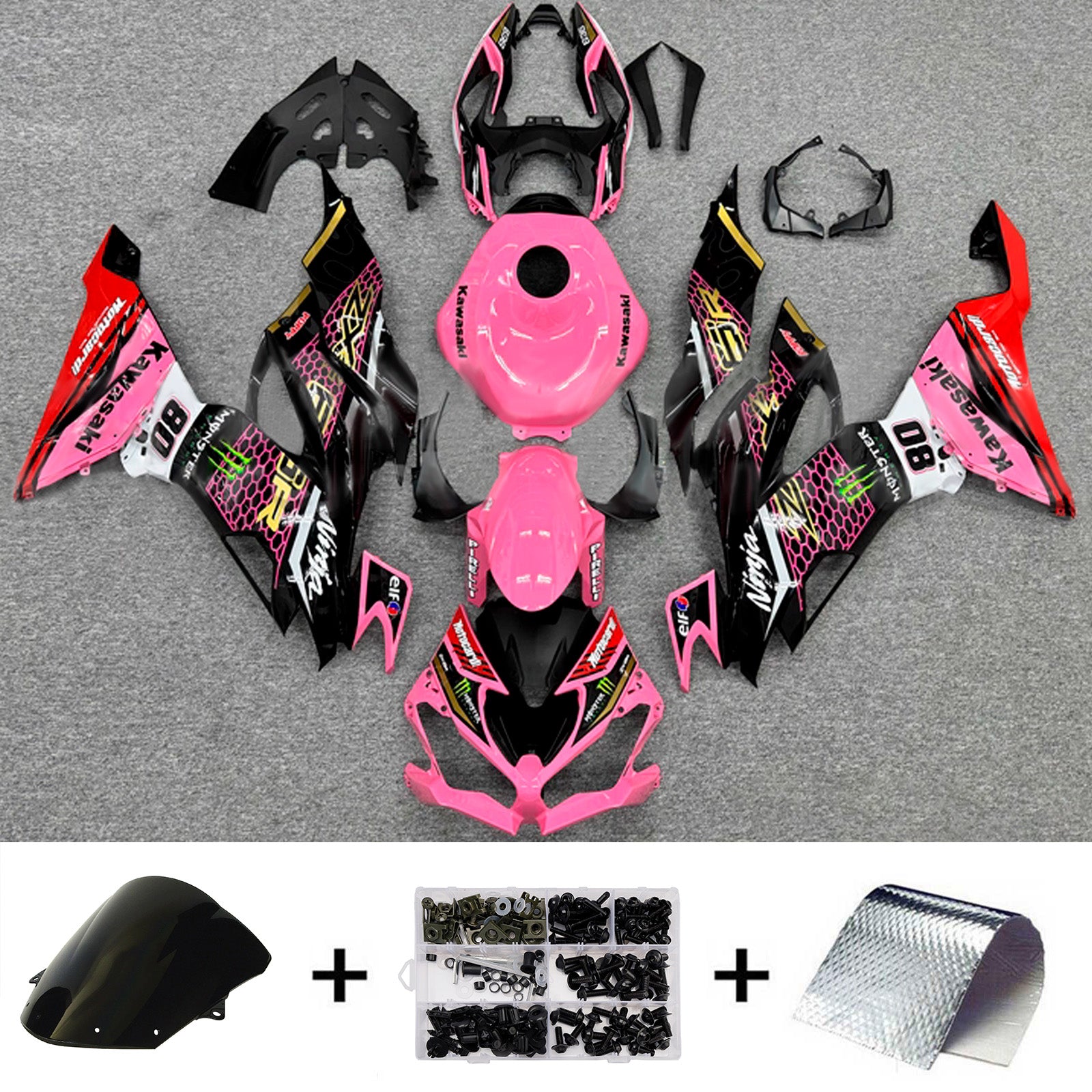 Amotopart 2019-2023 Kawasaki ZX6R Pink Black White Fairing Kit