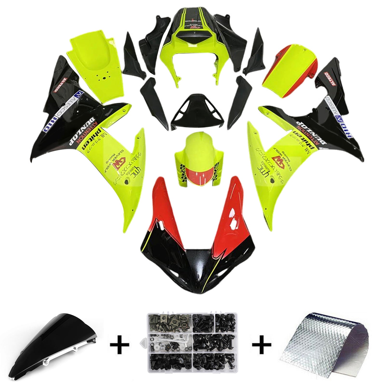 Amotopart 2002-2003 Yamaha YZF R1 Kit de carenado negro rojo claro verde amarillo