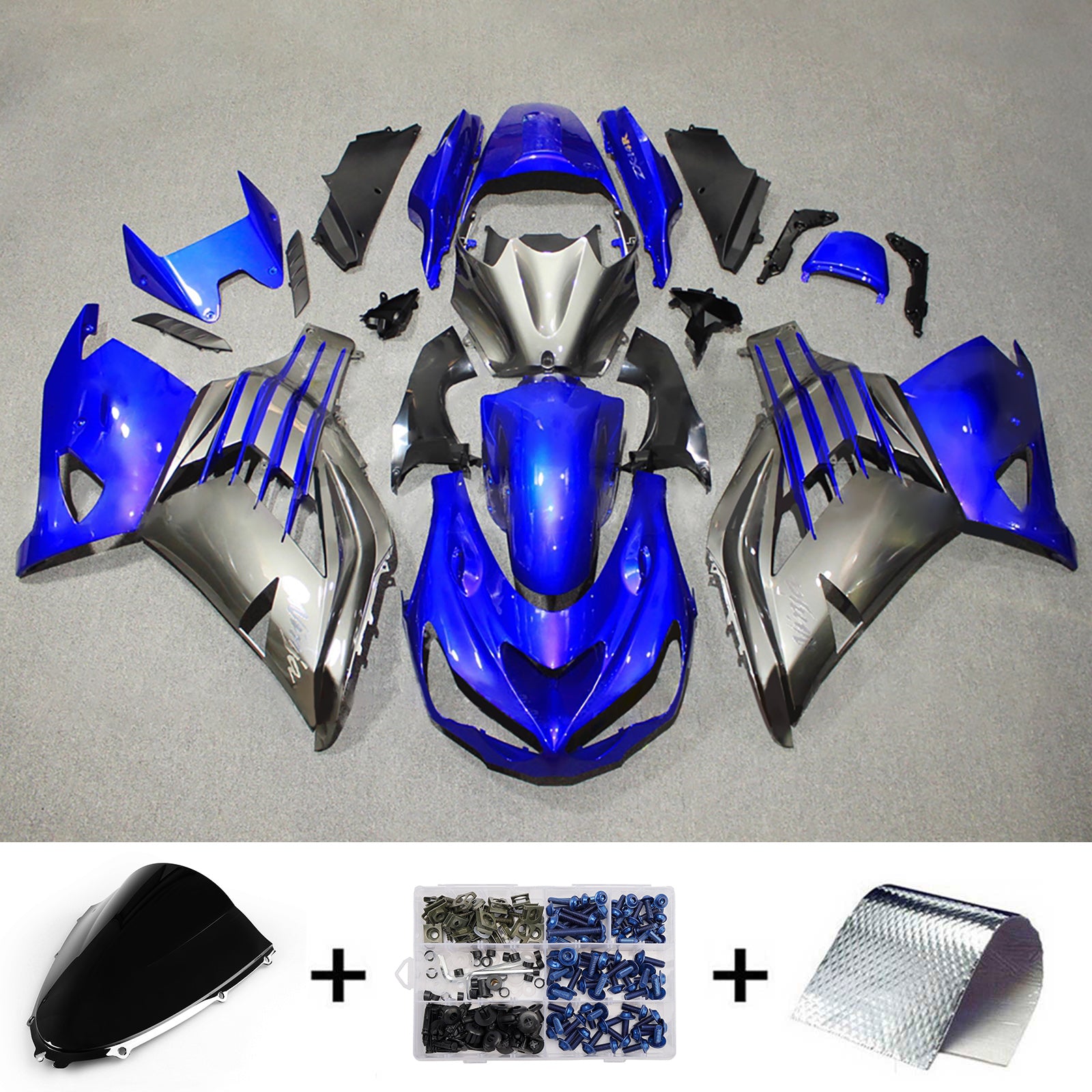 Amotopart 2012-2025 Kawasaki ZX14R ZZR1400 Glossy Blue Black Fairing Kit