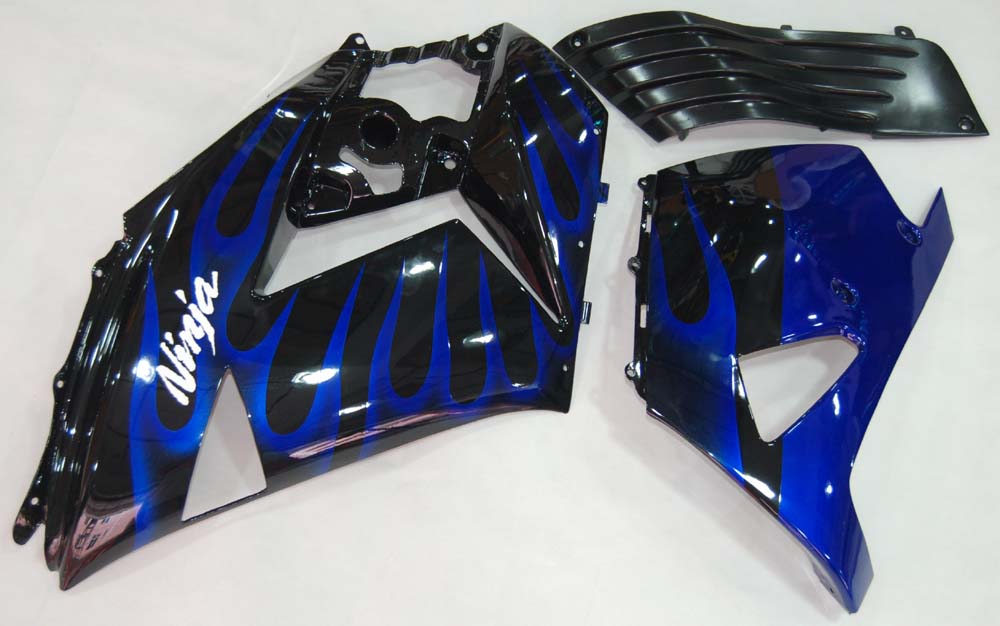 Amotopart 2006–2011 Kawasaki ZX14R Schwarz mit Blue Flame Verkleidungsset