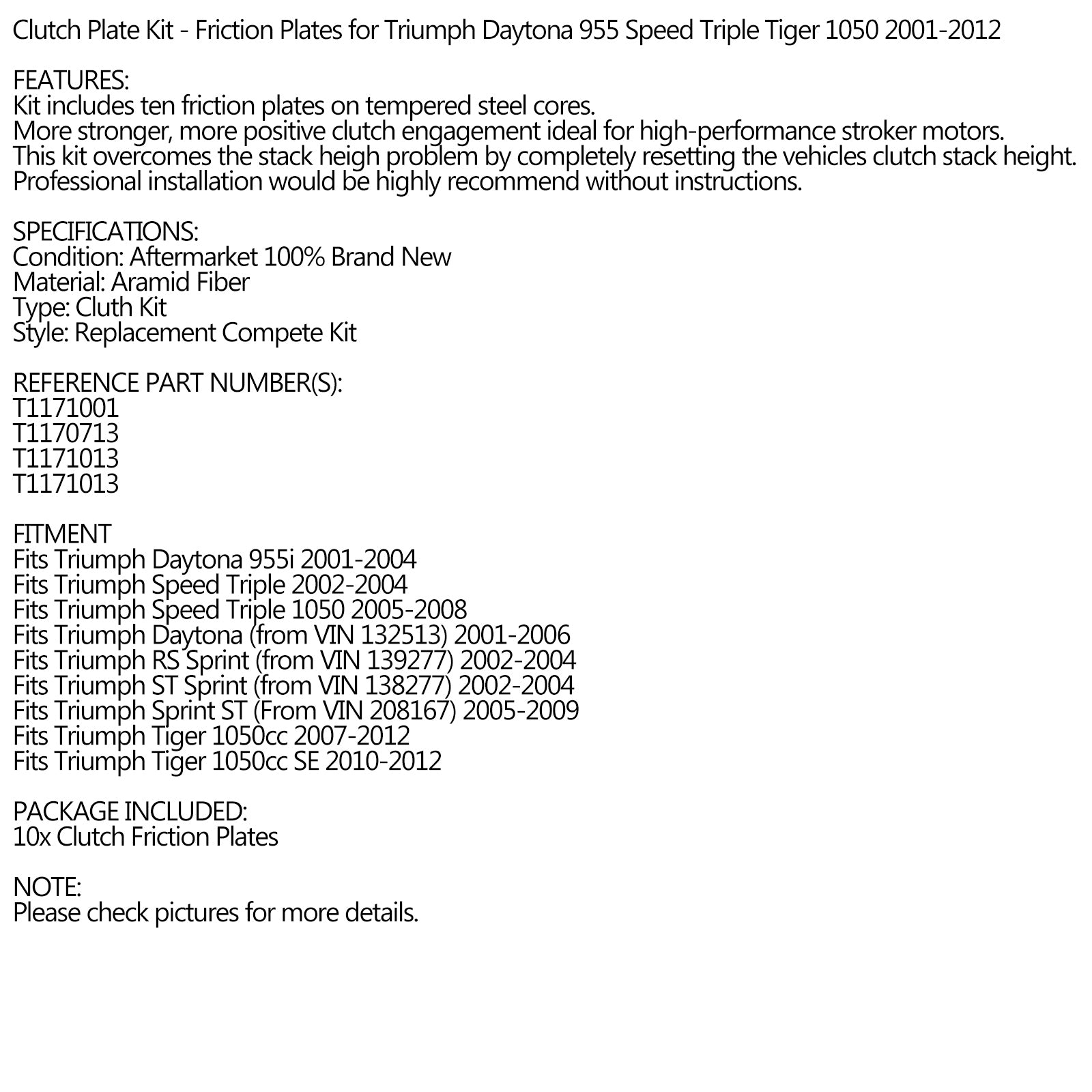 Clutch Friction Plate Kit Set For Triumph Daytona 955 Tiger 1050 2001-2012