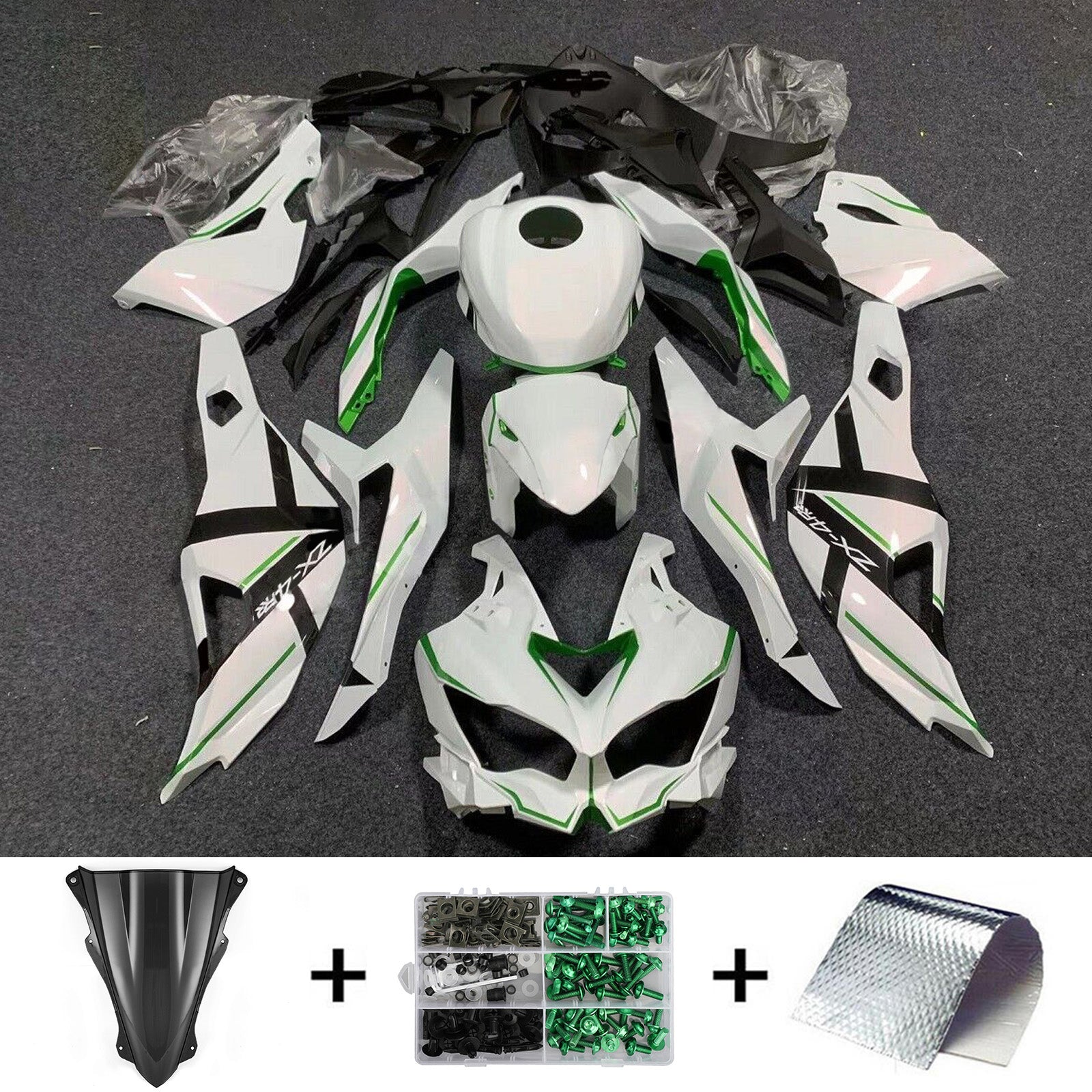 Amotopart 2019-2024 Ninja ZX-25R ZX-4R ZX-4RR Kawasaki ホワイト グリーンストライプ フェアリングキット