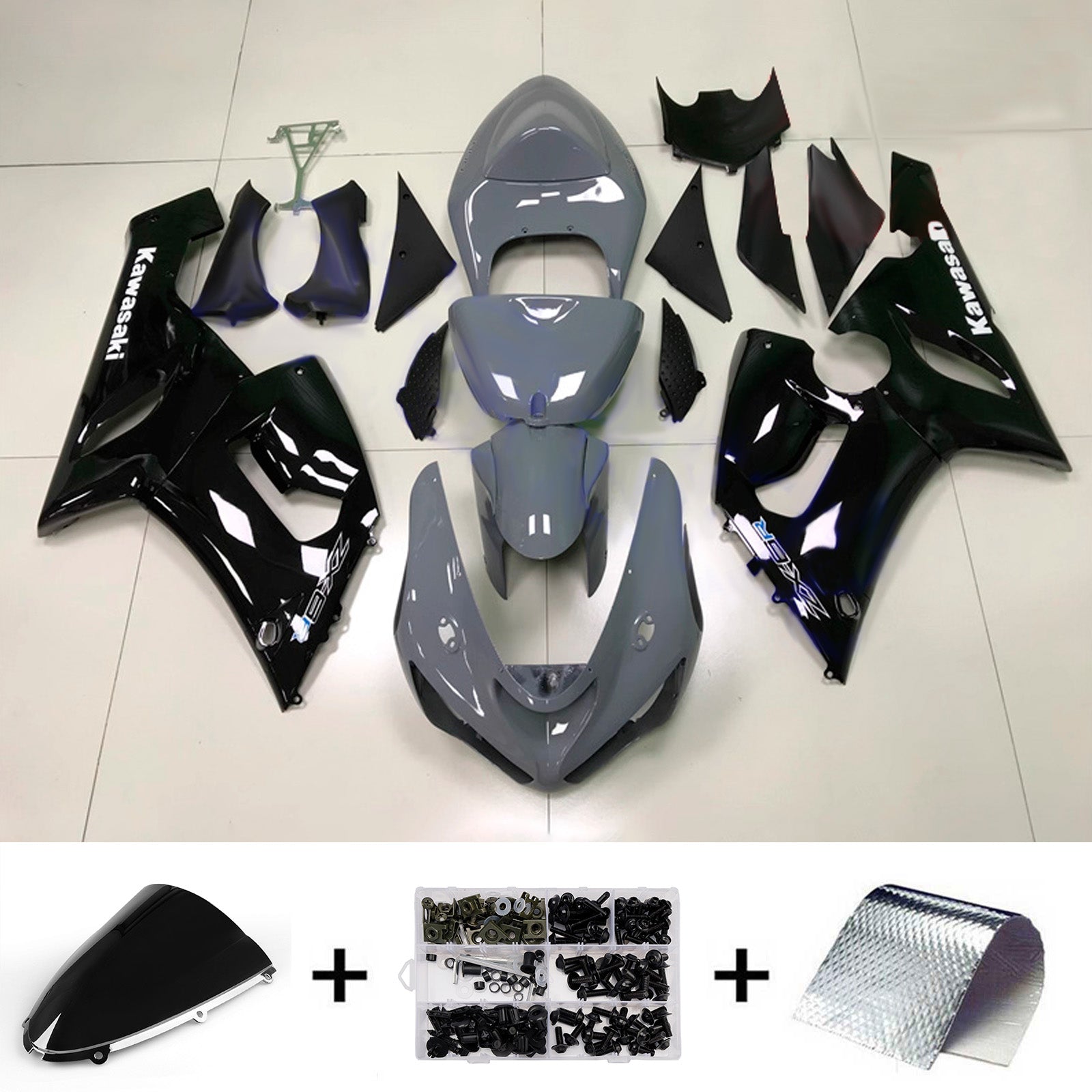 Amotopart 2005-2006 Kawasaki ZX6R 636 Glossy Black Grey Fairing Kit