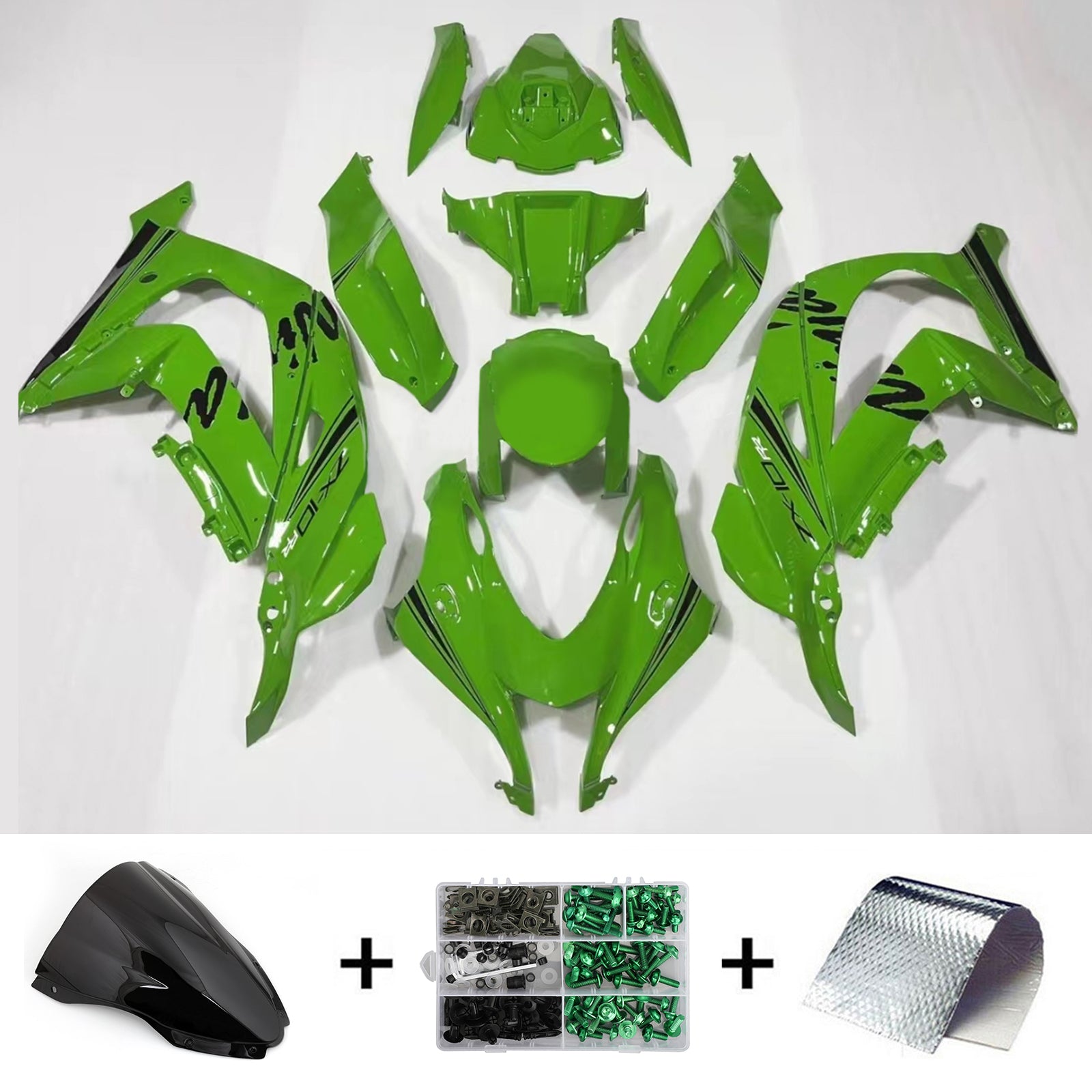 Amotopart 2016-2020 Kawasaki ZX10R Kit de carenado verde con logotipo negro