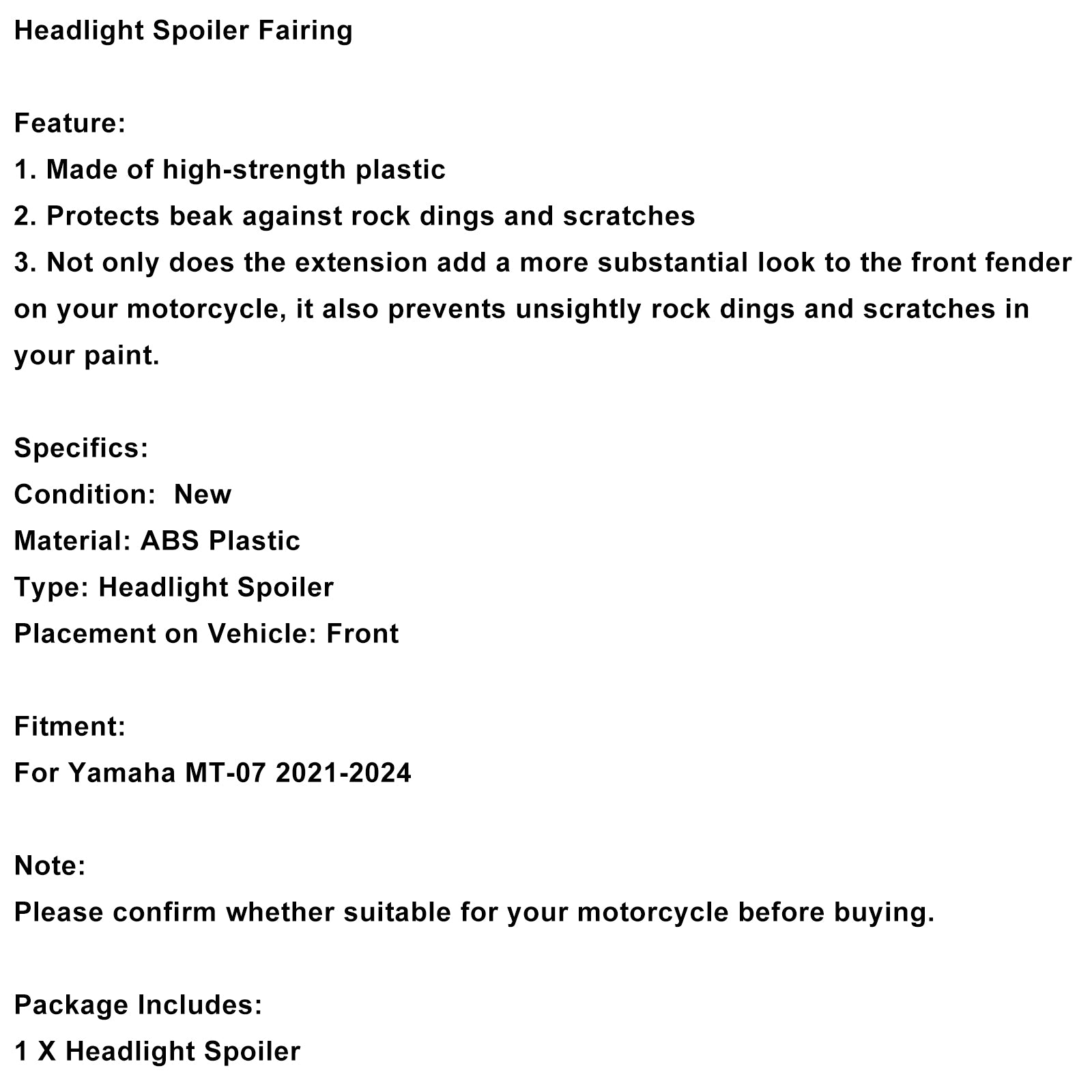 Spoiler de carenagem com extensão de bico do para-lama dianteiro Yamaha MT-07 2021-2024