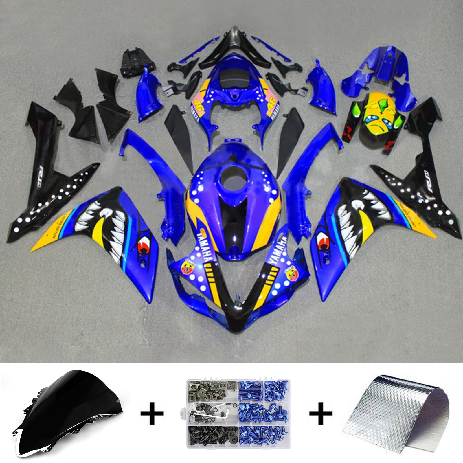 Amotopart 2007–2008 Yamaha YZF 1000 R1 blau-gelbes Haifischzahn-Verkleidungsset