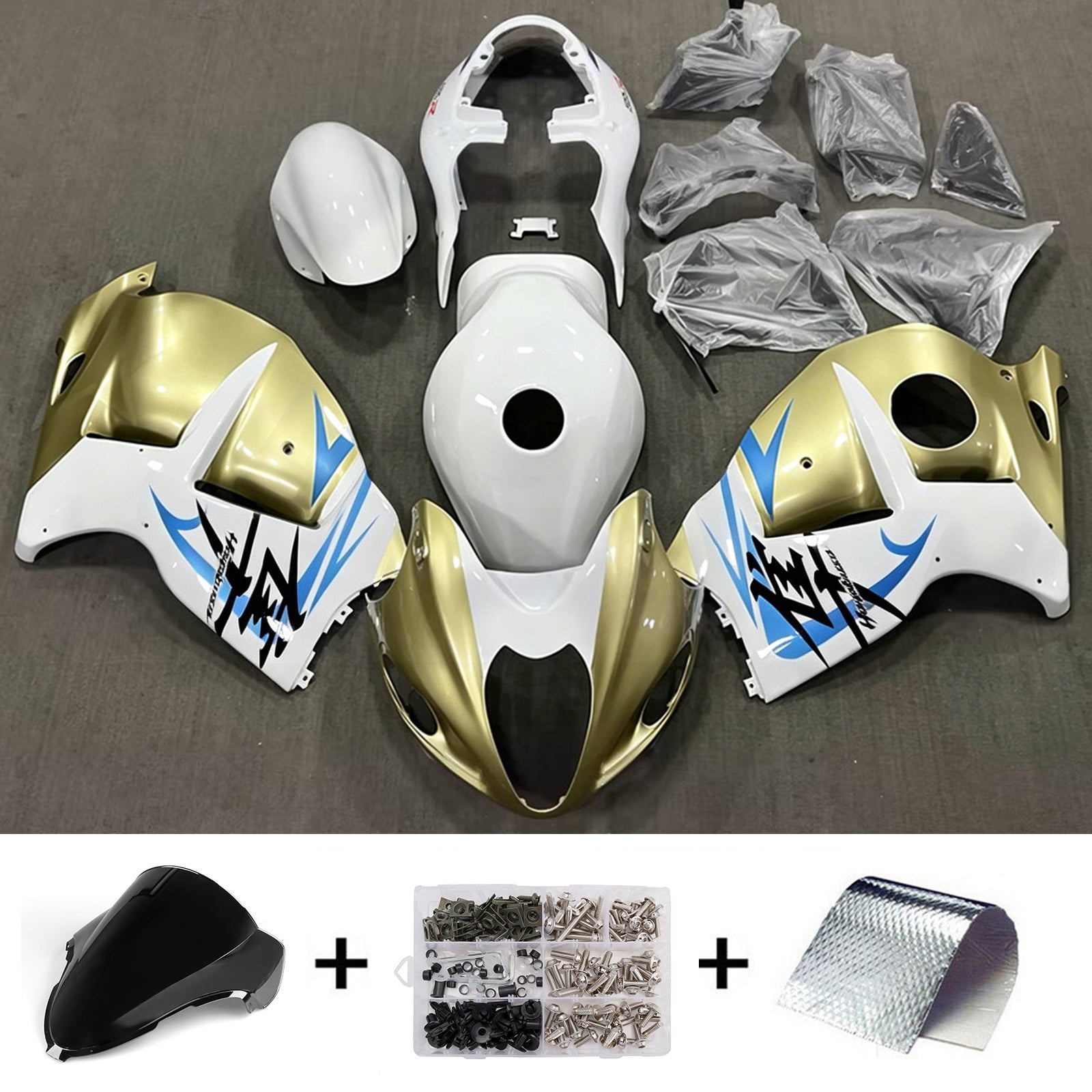 Amotopart 1999-2007 Suzuki Hayabusa GSX1300R White/Gold Fairing Kit