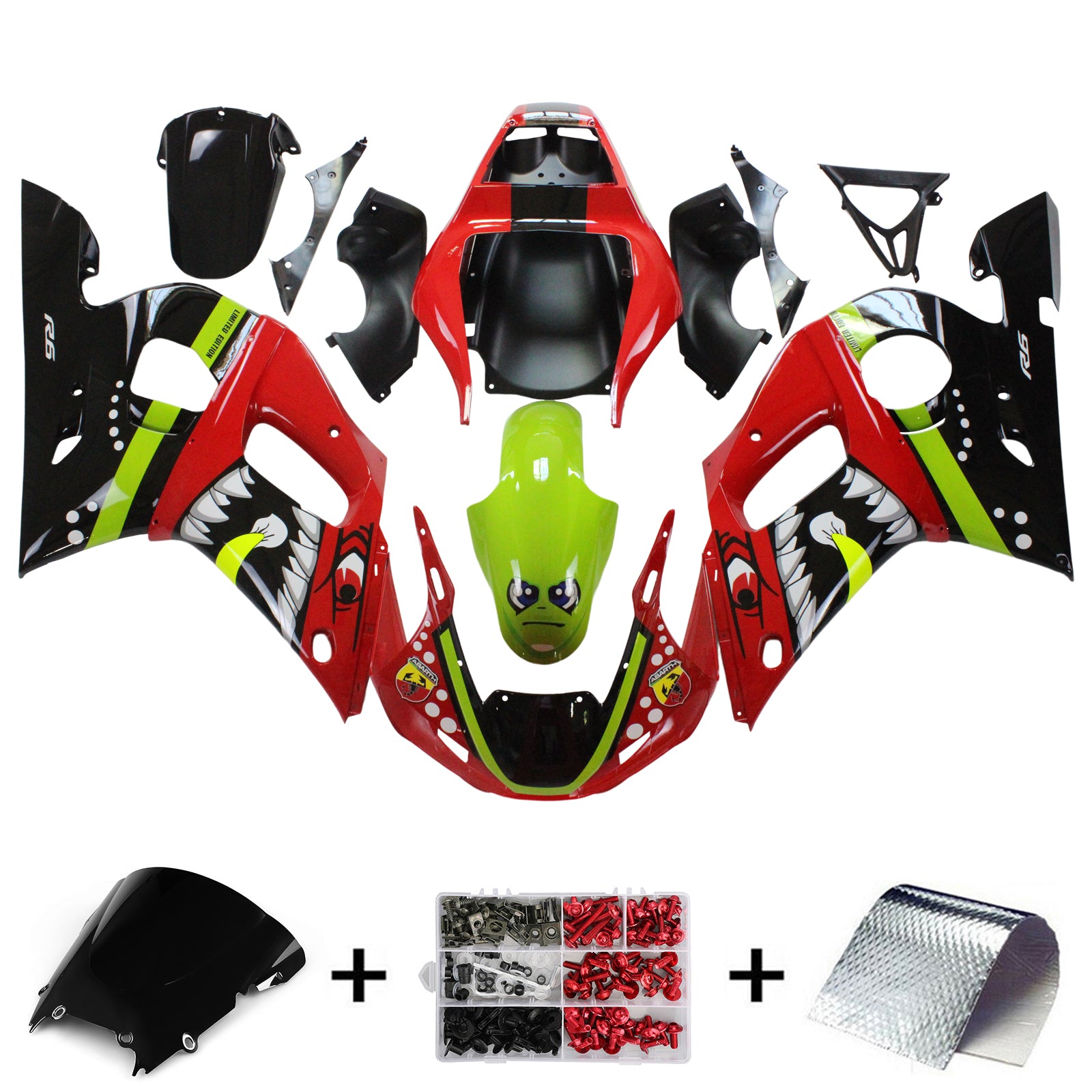 Amotopart 1998-2002 YZF 600 R6 Yamaha Kit de carenado de dientes de tiburón rojo y verde