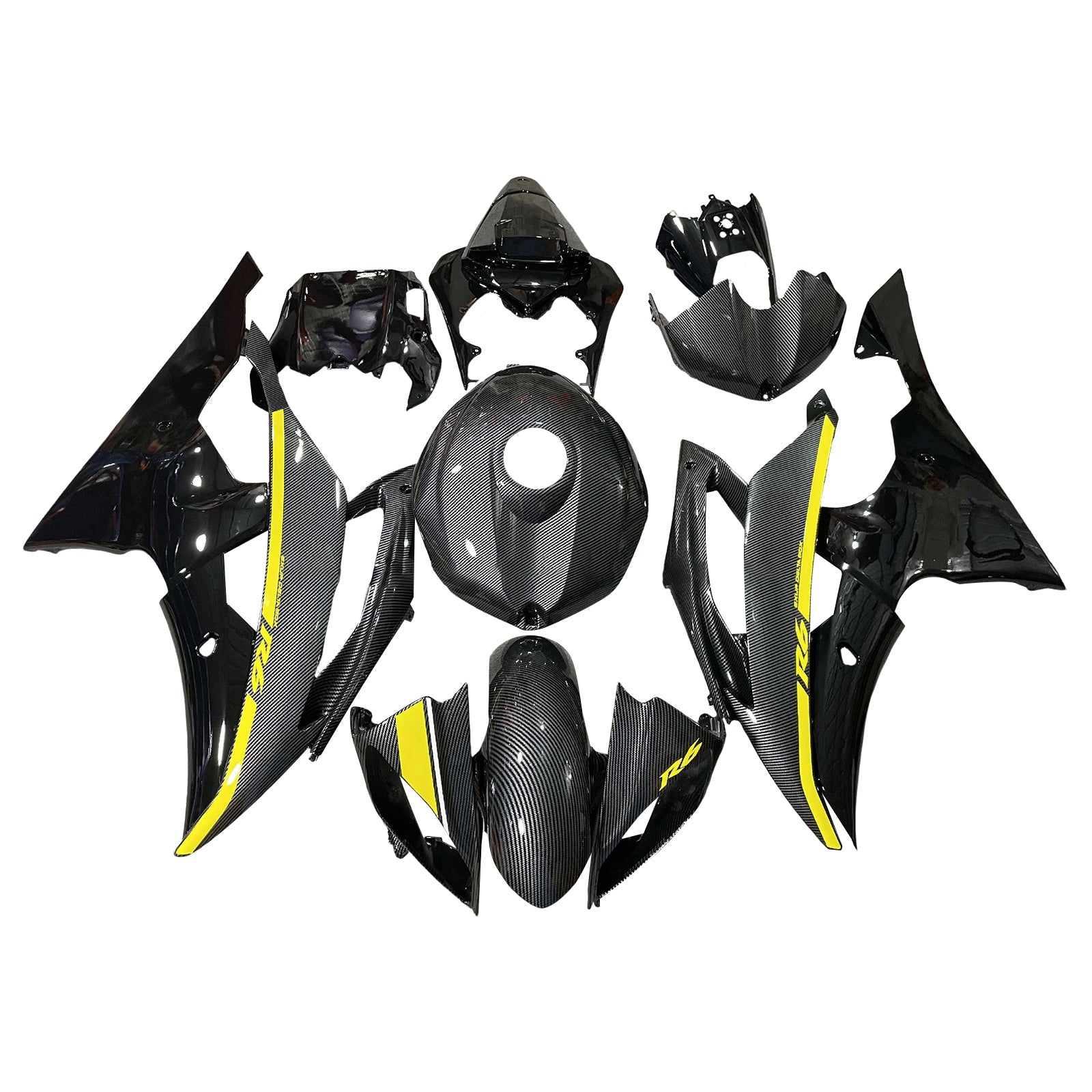 Amotopart 2008-2016 Yamaha YZF-R6 Yellow & Black Carbon Fiber Pattern Fairing Kit