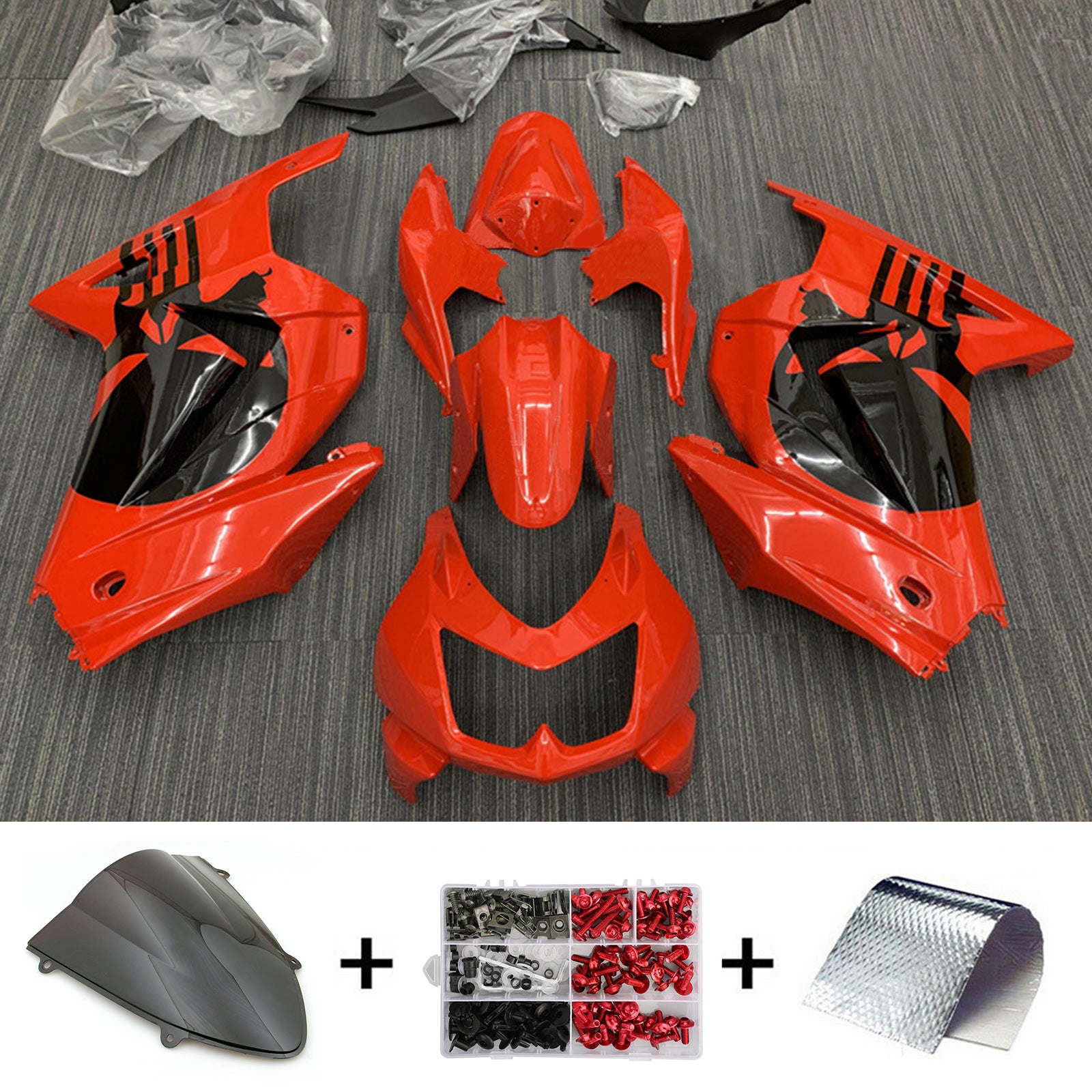 Amotopart 2008–2012 Kawasaki EX250 Ninja250R Rot mit Totenkopf-Verkleidungsset