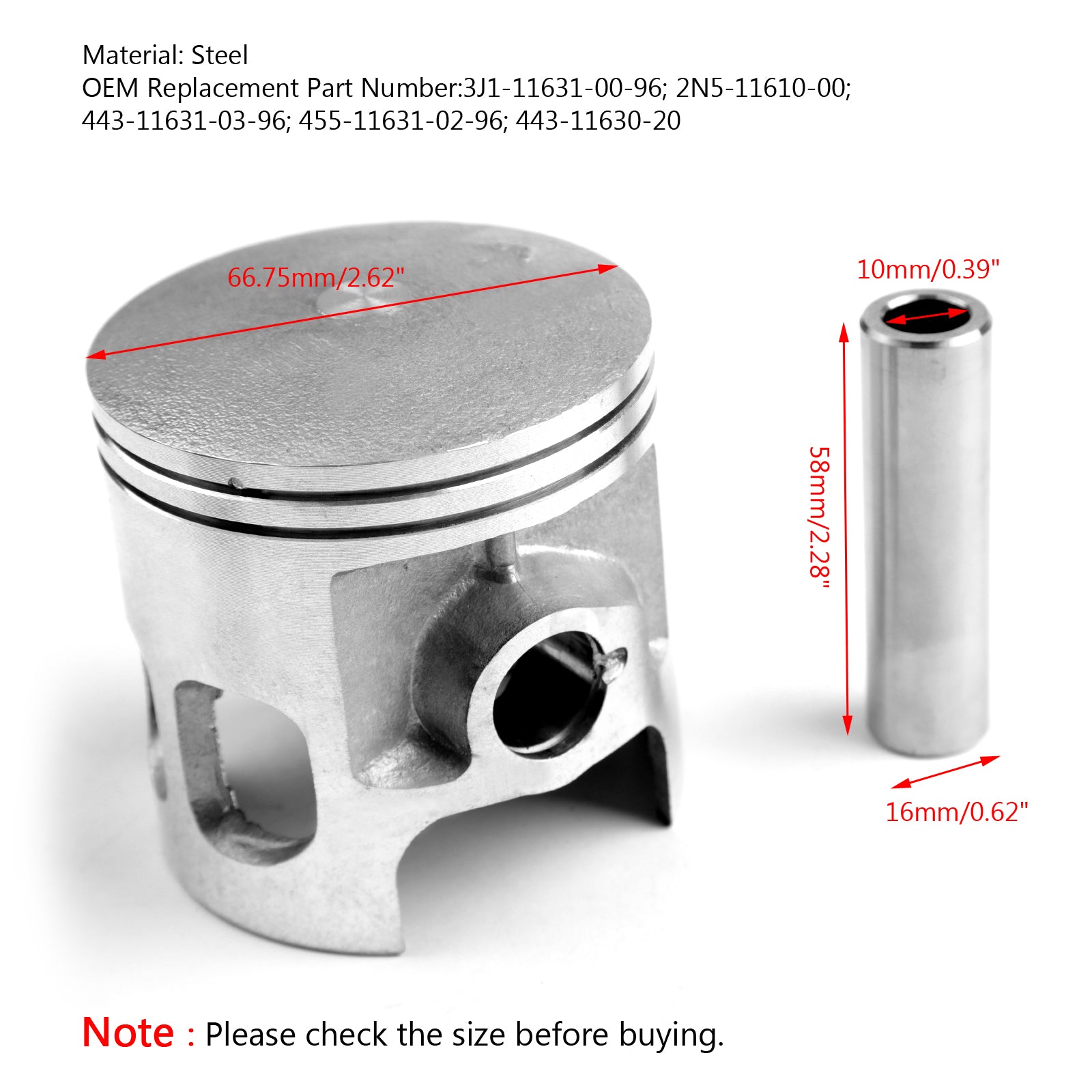 2N5-11610-00 Kolbensatz mit Bohrungsgröße 66,75 mm, passend für Yamaha DT175 YT175 MX175 74–82 