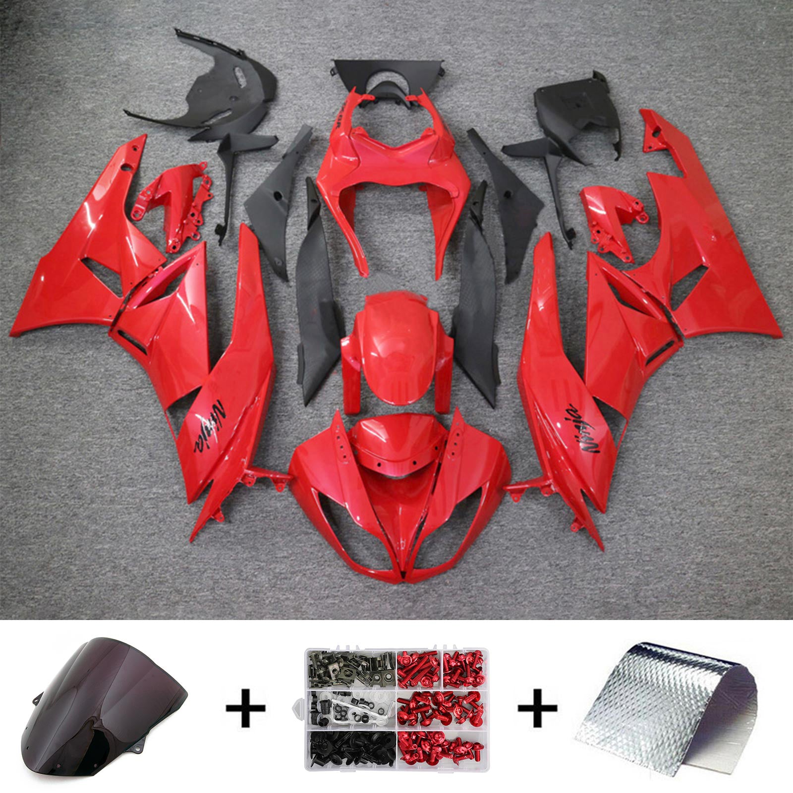 Amotopart Kawasaki 2009-2012 ZX6R 636 Kit de carenado rojo con logotipo negro