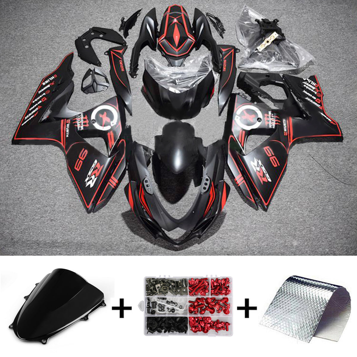 Amotopart 2009-2016 K9 GSXR1000 スズキ マットブラック レッドストライプフェアリングキット付き