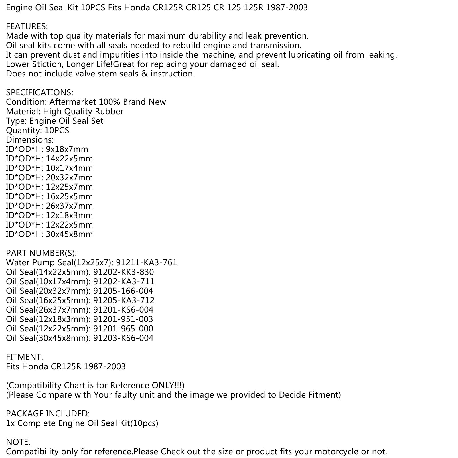 エンジンオイルシールキットセット 10 個シールホンダ CR125R 1987-2003 cr125r cr 125