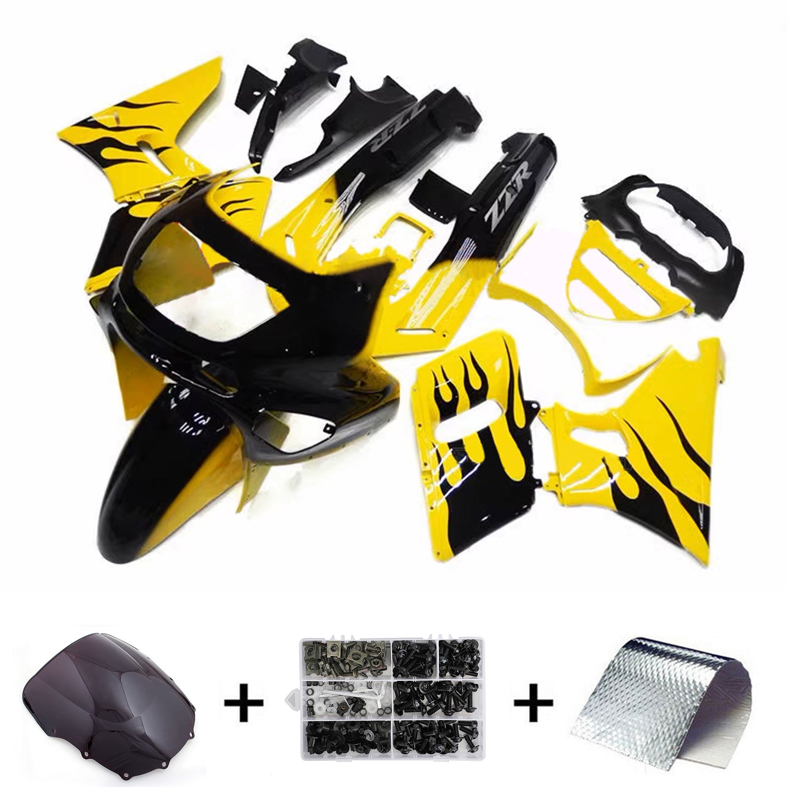 Amotopart ZZR400 1993-2007 ZZR600 1998-2003 Kawasaki Yellow with Black Flame Fairing Kit