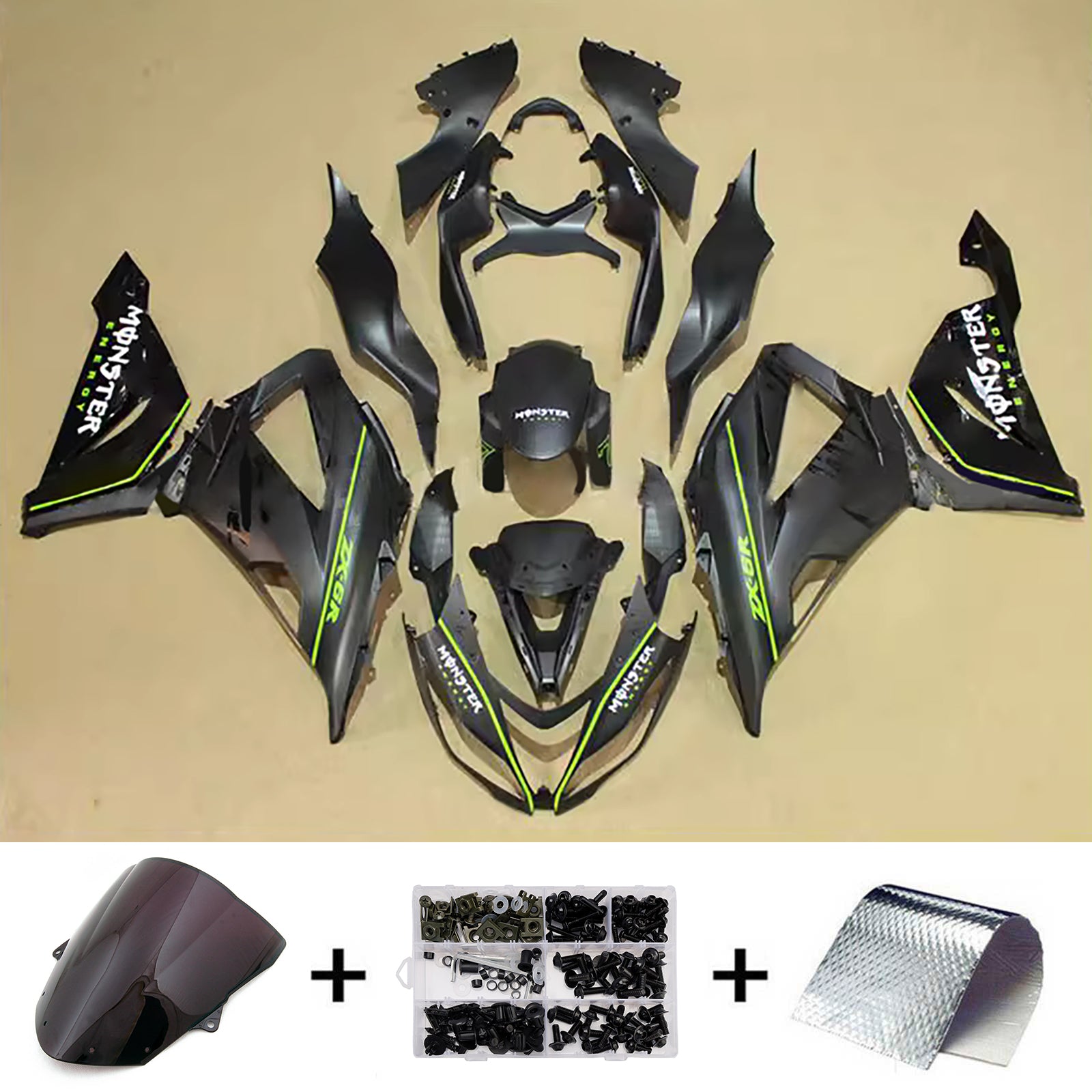 Amotopart 2013-2018 Kawasaki ZX6R 636 Black with Green Stripes Fairing