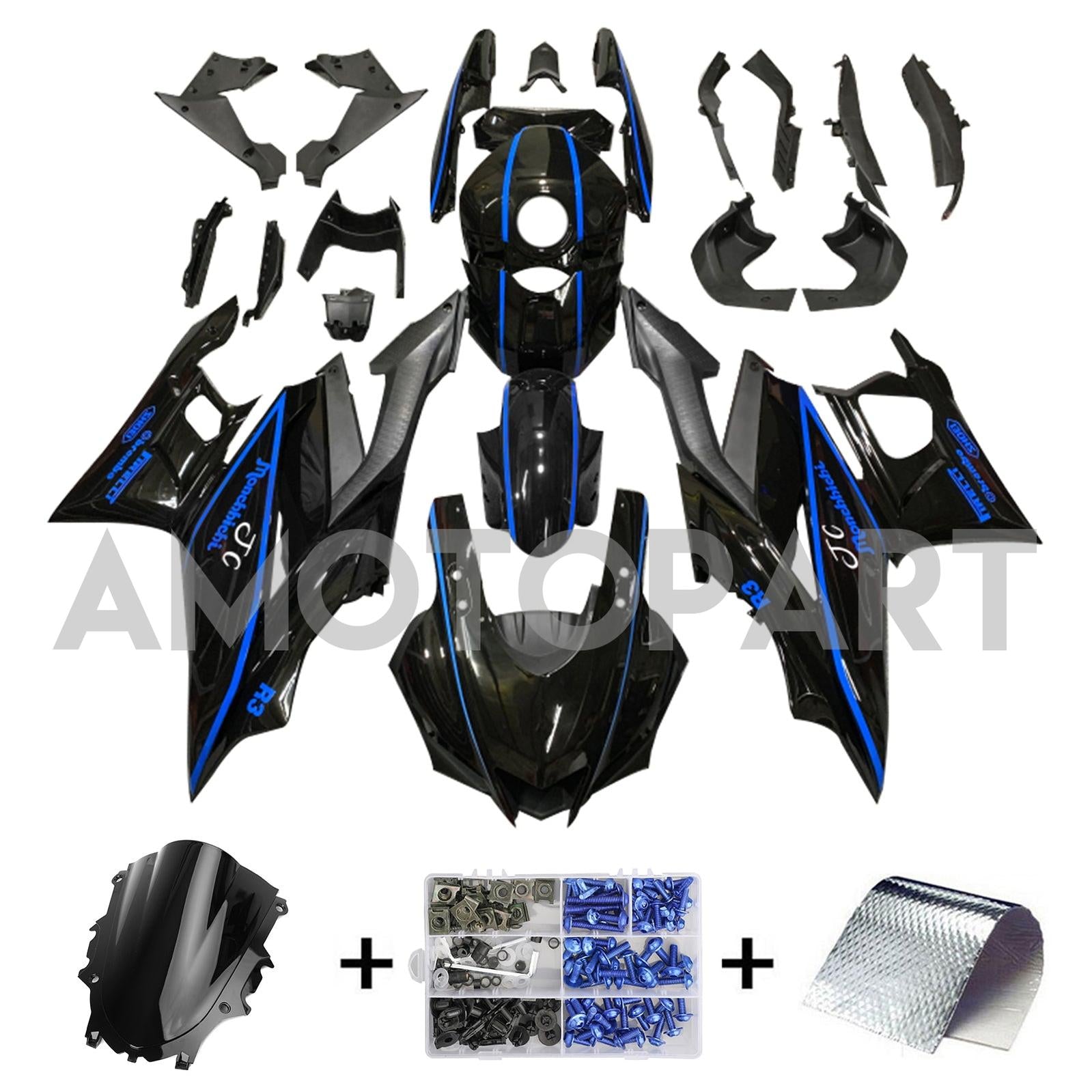 Amotopart 2022-2024 Yamaha YZF-R3 R25 Blackn with Blue Stripe Fairing Kit