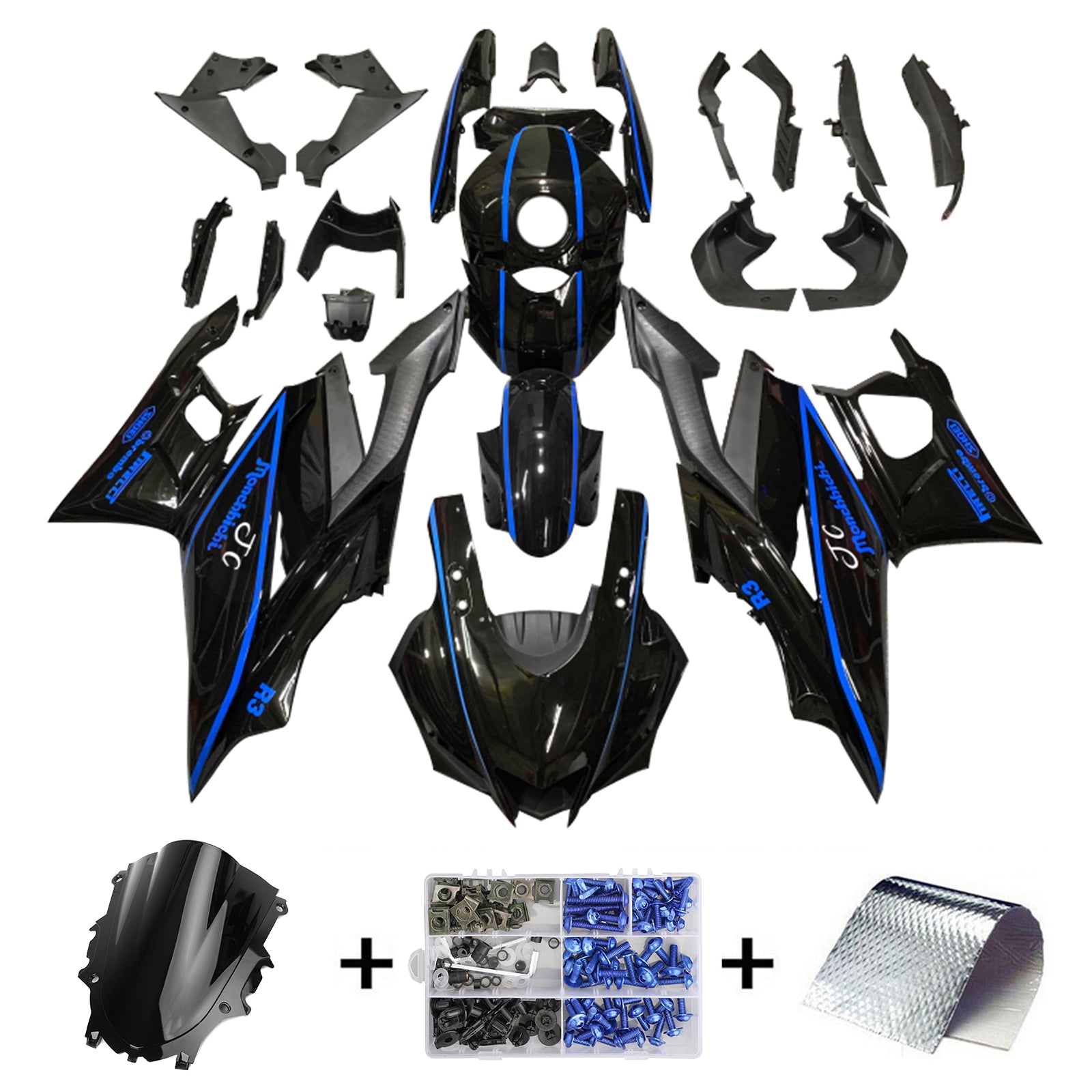 Amotopart 2022-2024 Yamaha YZF-R3 R25 Kit de carenado negro con rayas azules