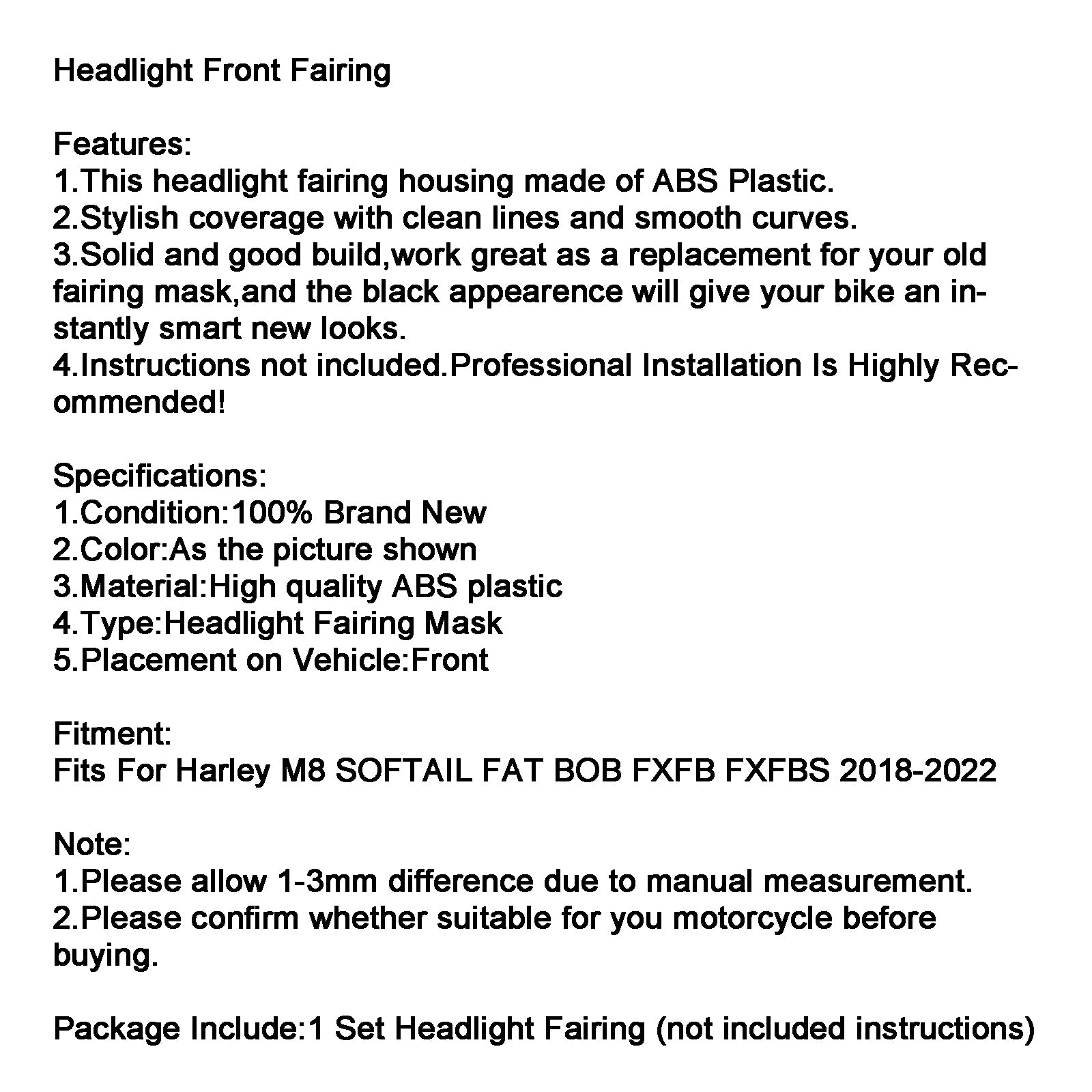 Headlight Front Fairing Mask Cowl For M8 Softail Fat Bob FXFB 2018-2022