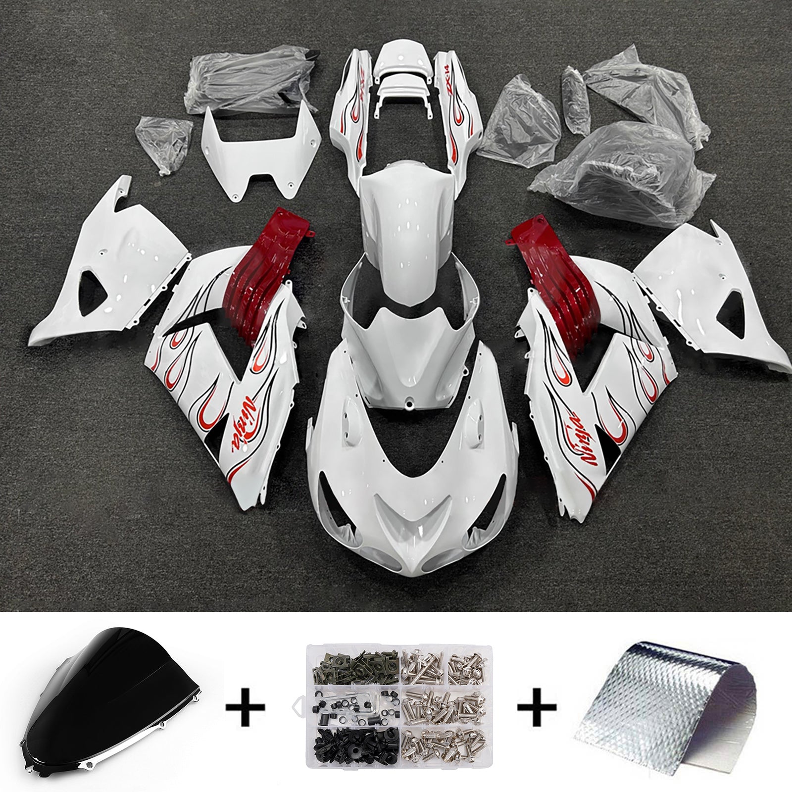 Amotopart 2012-2025 Kawasaki ZX14R ZZR1400 White Red Flame Fairing Kit