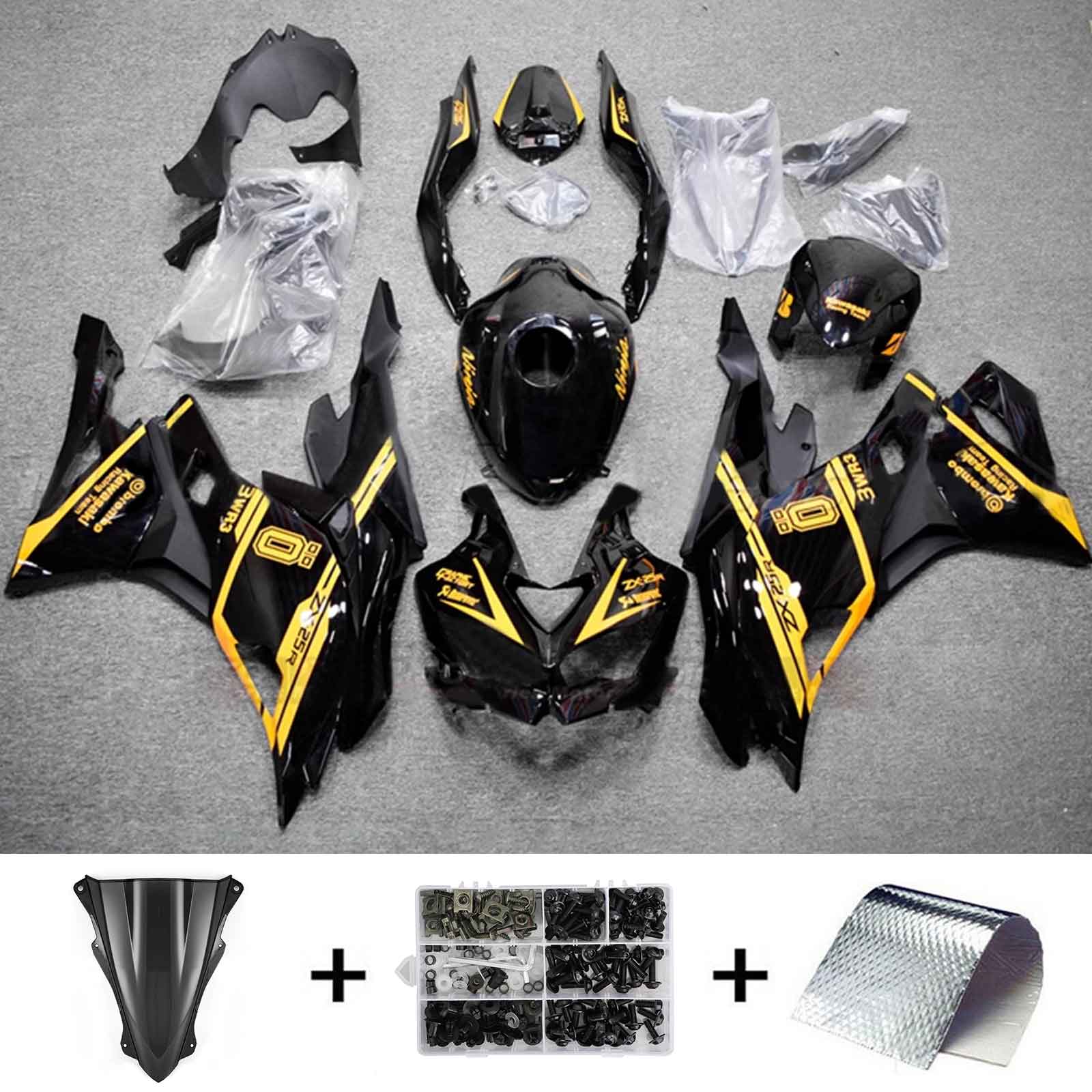 Amotopart 2019-2024 Ninja ZX-25R ZX-4R ZX-4RR Kawasaki Kit de carenado negro y dorado