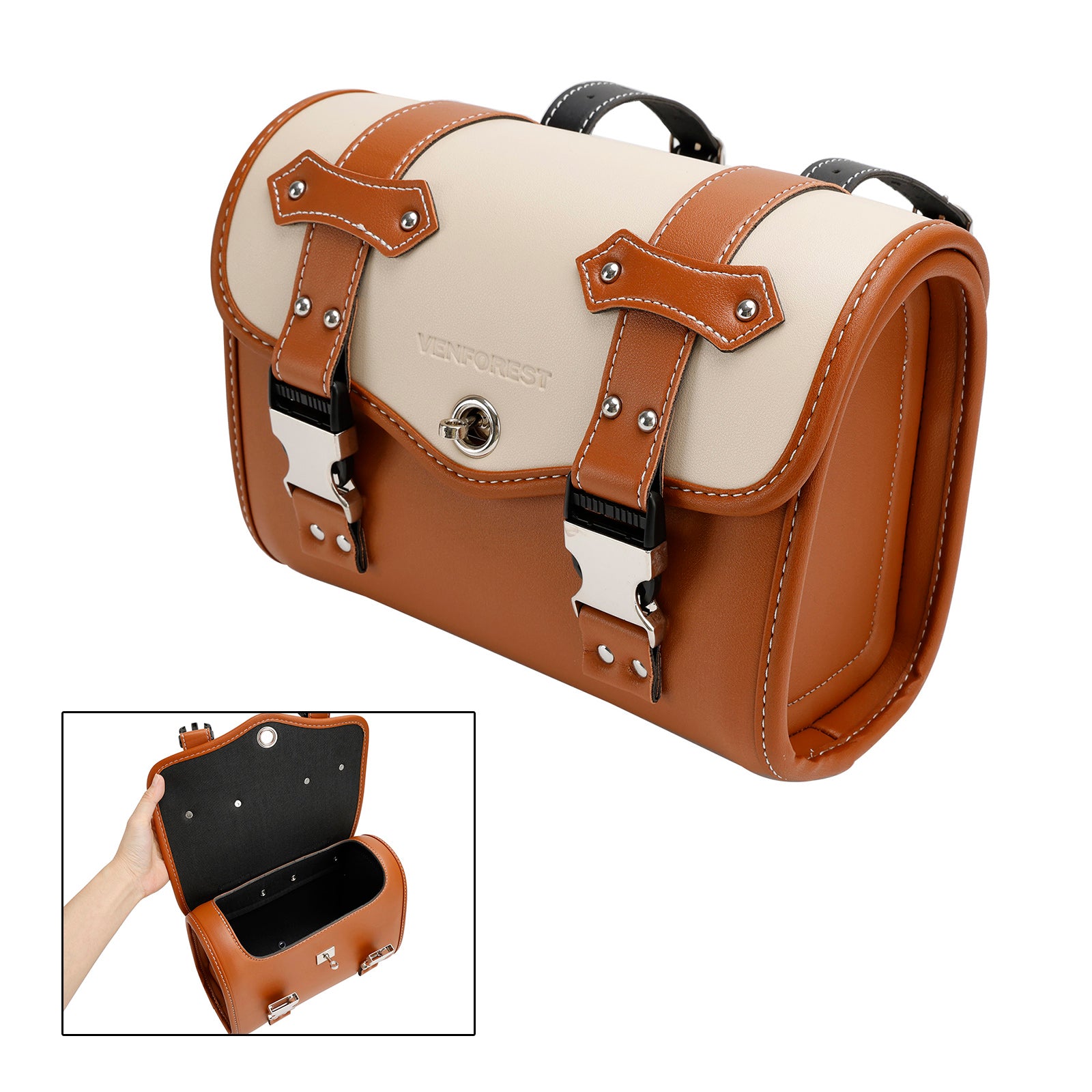 Color Matching Side Saddlebag Tool Bag Luggage Pouch Storage Pu For Motorbike Brown-White